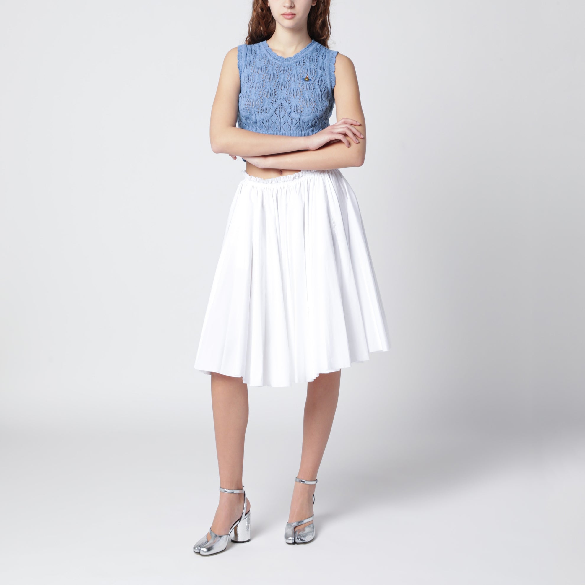 Top blu chiaro in crochet con logo Orb