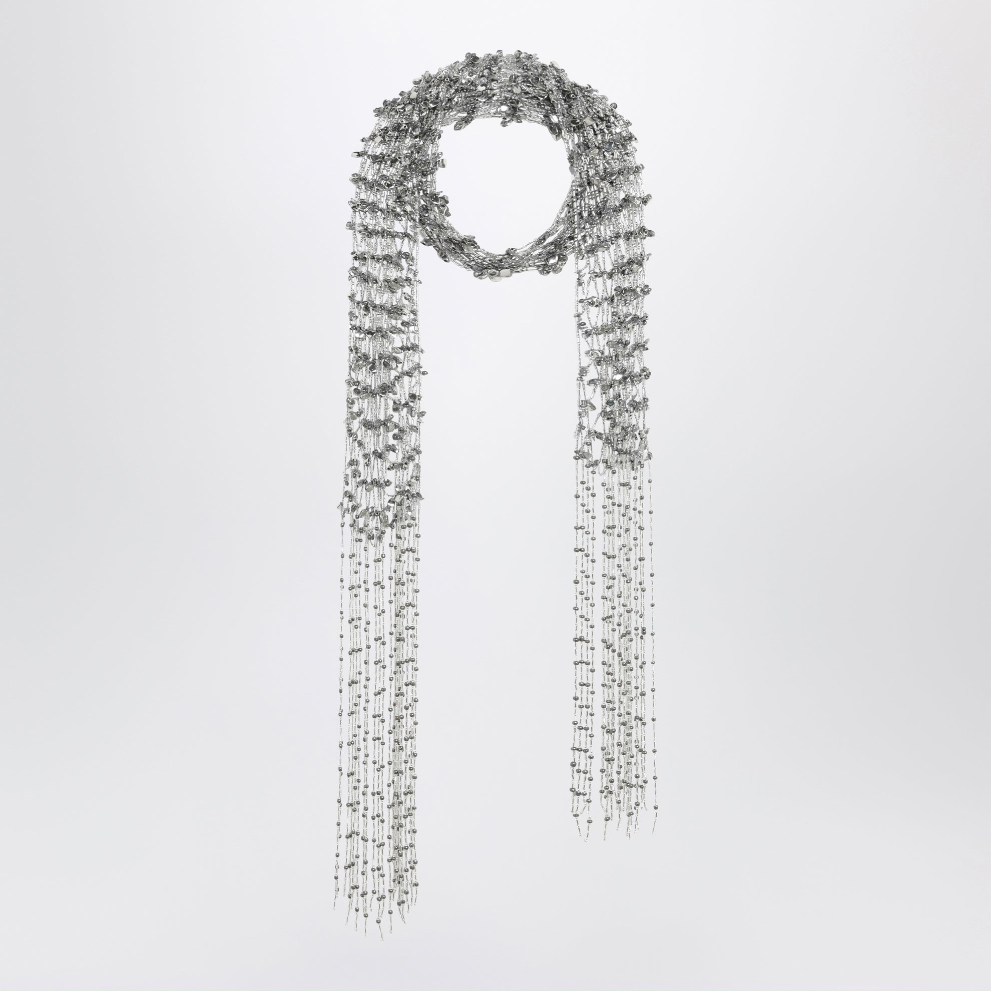 Écharpe argent avec perles et franges