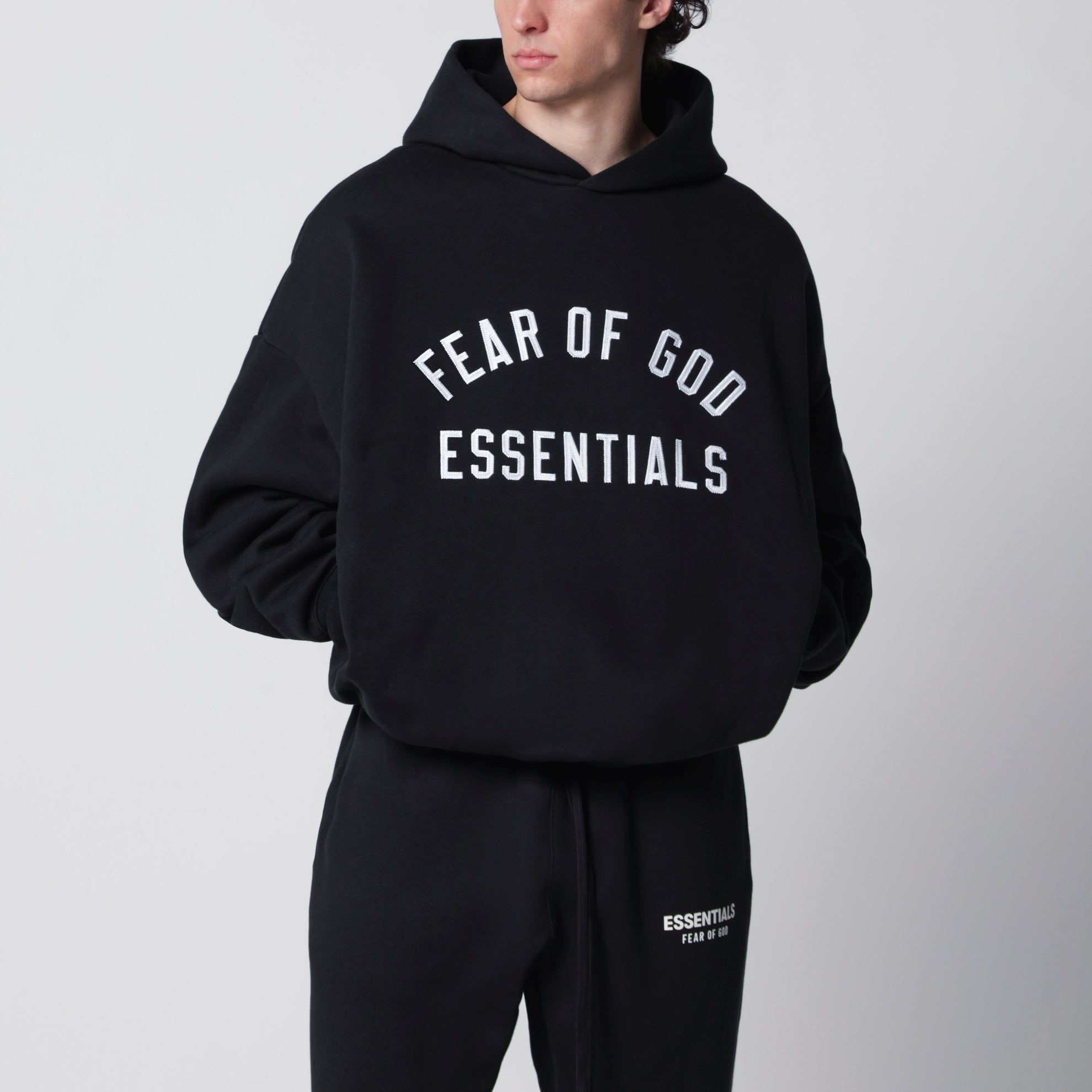 Black cotton fleece hoodie with logo embroidery