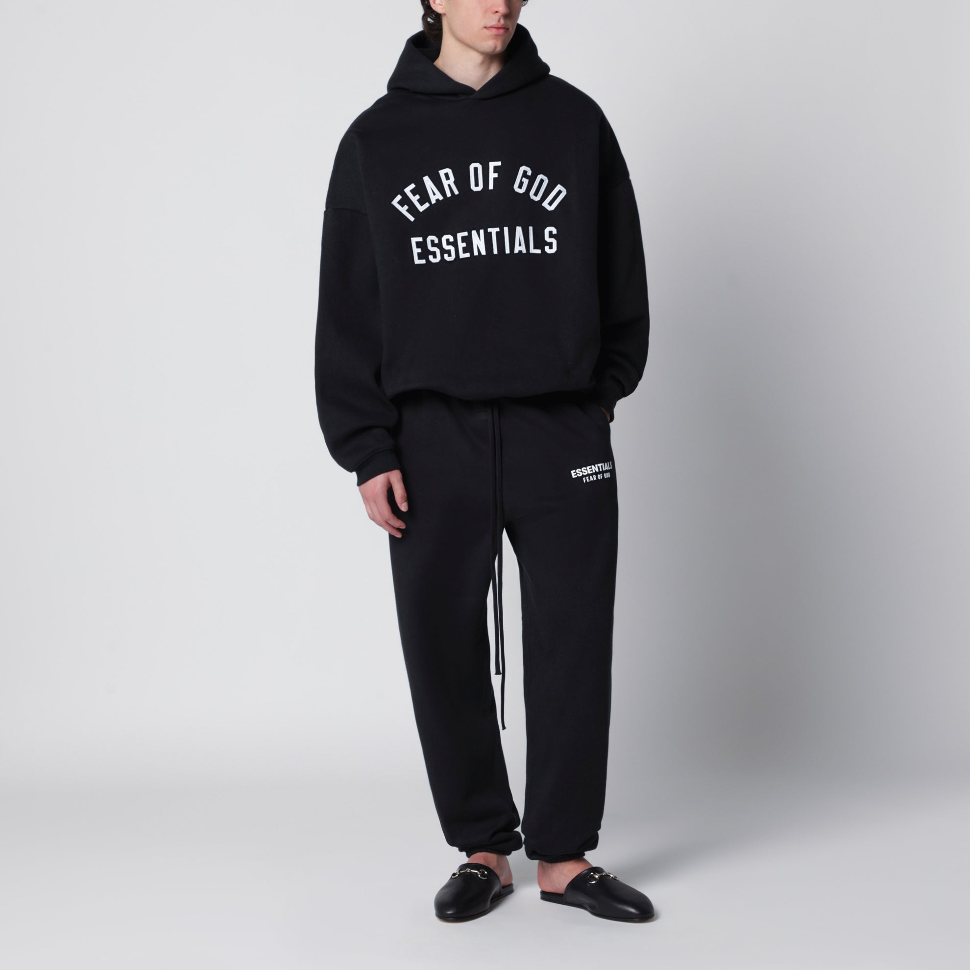 Black cotton fleece hoodie with logo embroidery