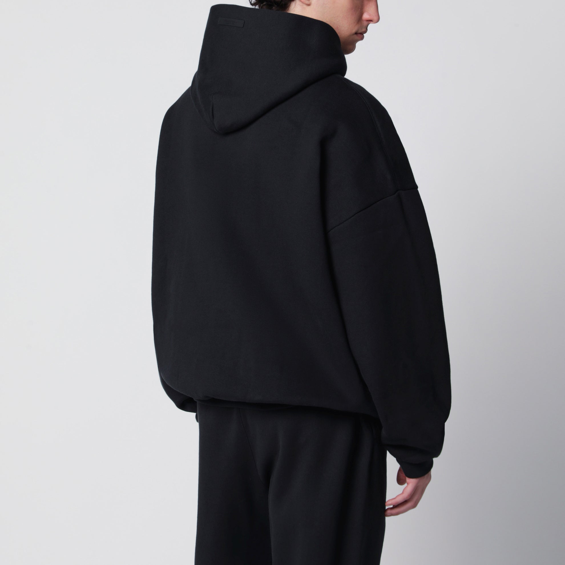 Black cotton fleece hoodie with logo embroidery