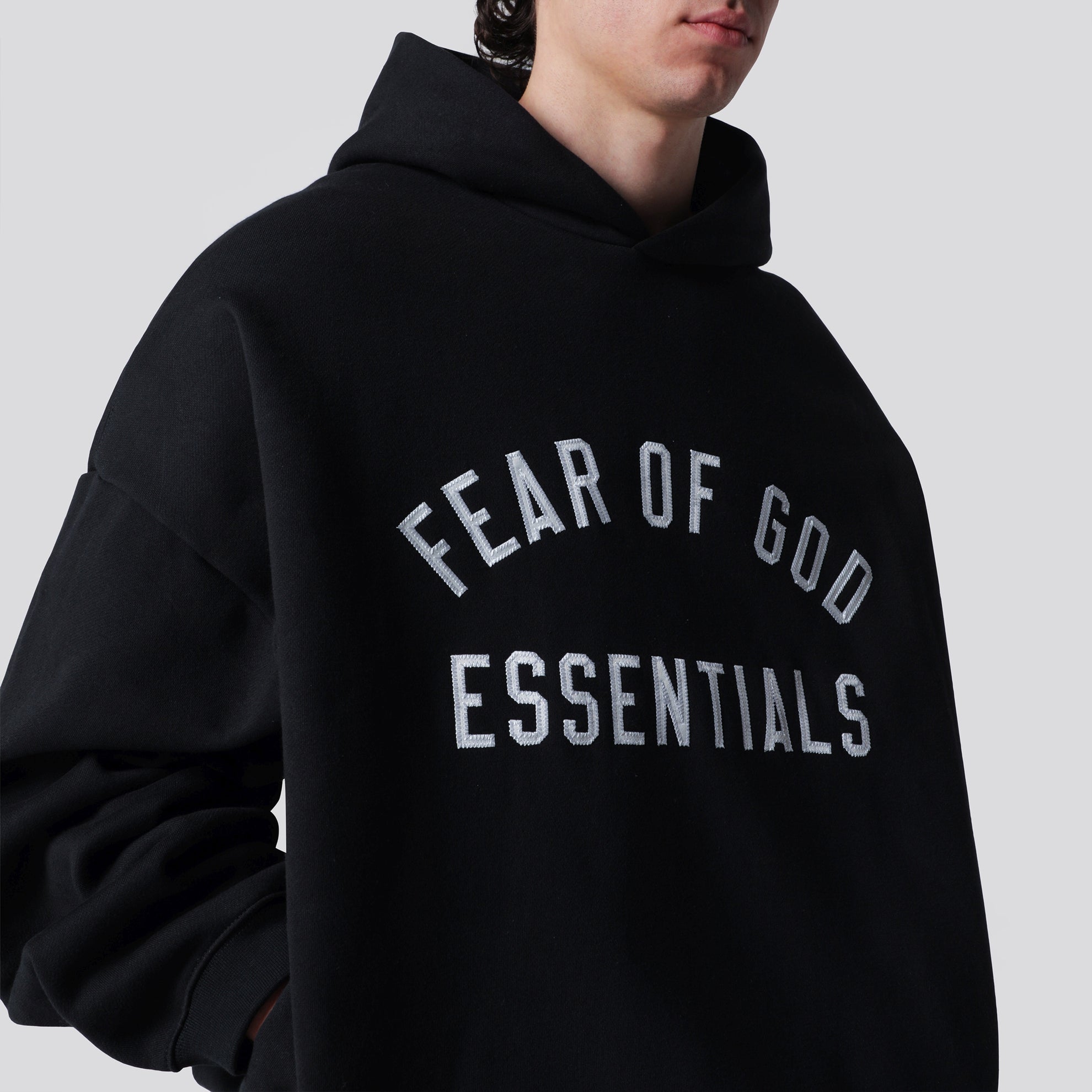 Black cotton fleece hoodie with logo embroidery