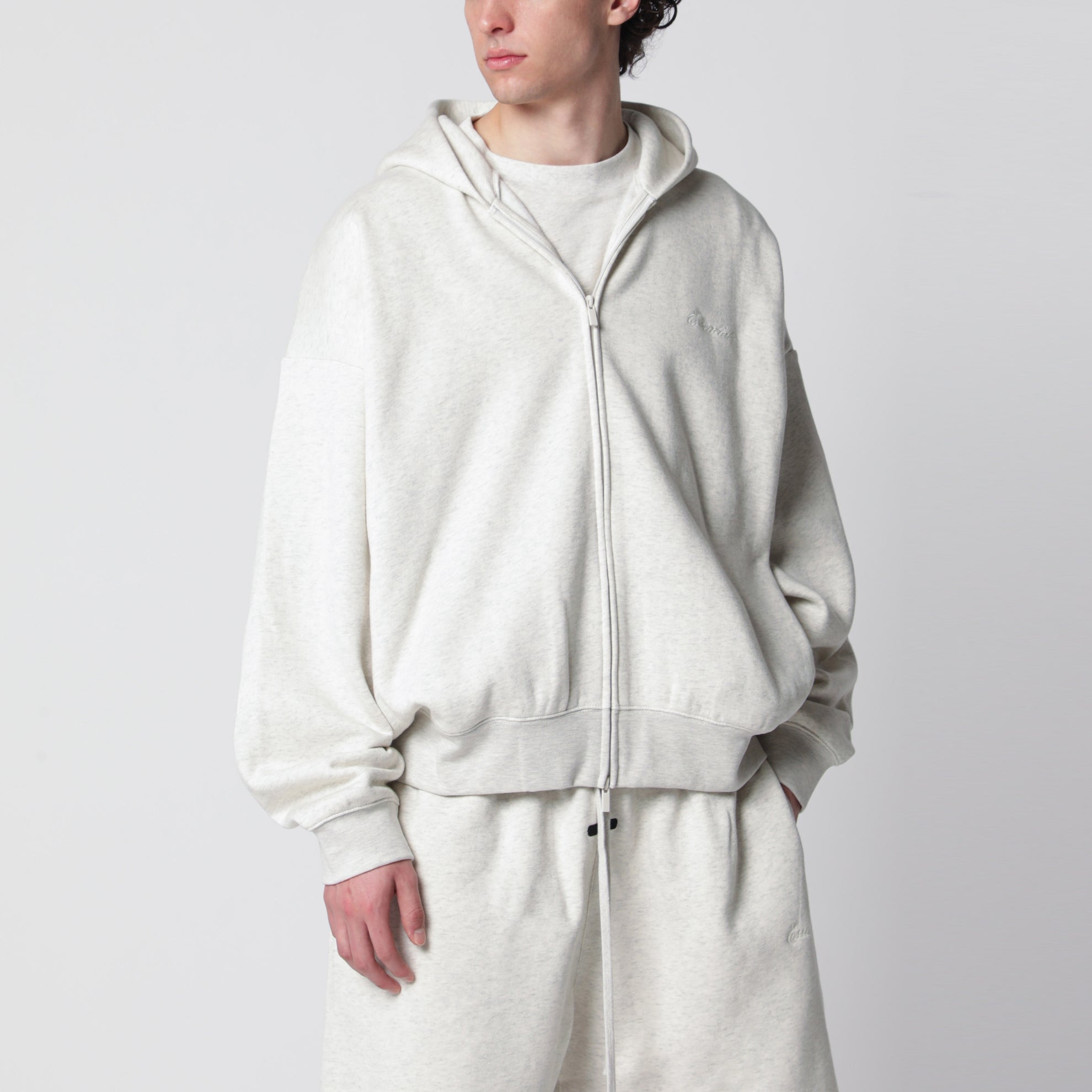 Light grey mélange cotton fleece zip-up sweatshirt