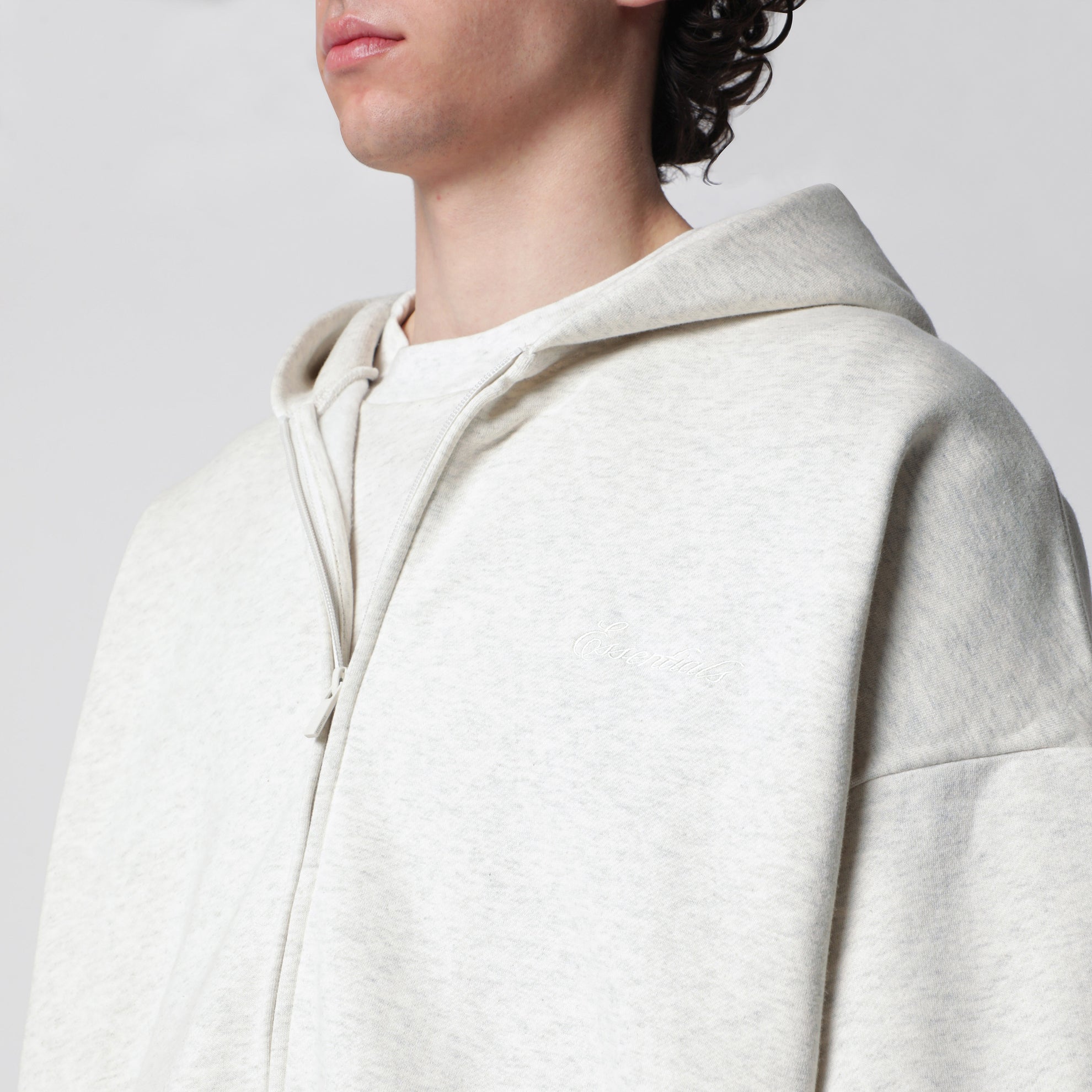 Light grey mélange cotton fleece zip-up sweatshirt