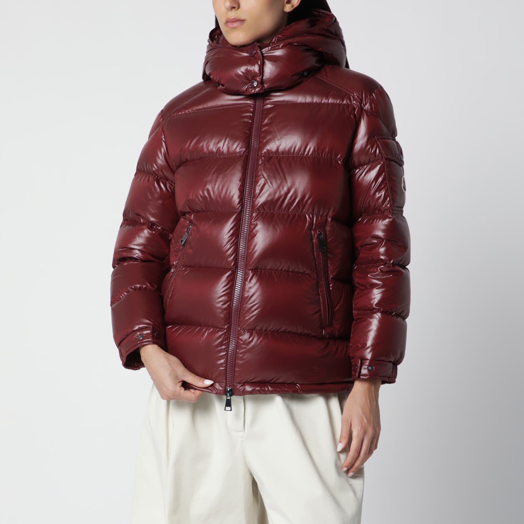 Dark red Maire down jacket in nylon laqué
