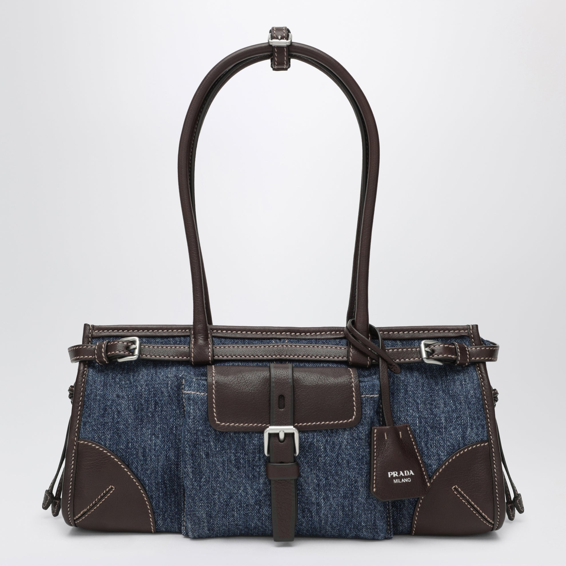 Borsa a mano Bonnie medium in denim e pelle blu/caffè