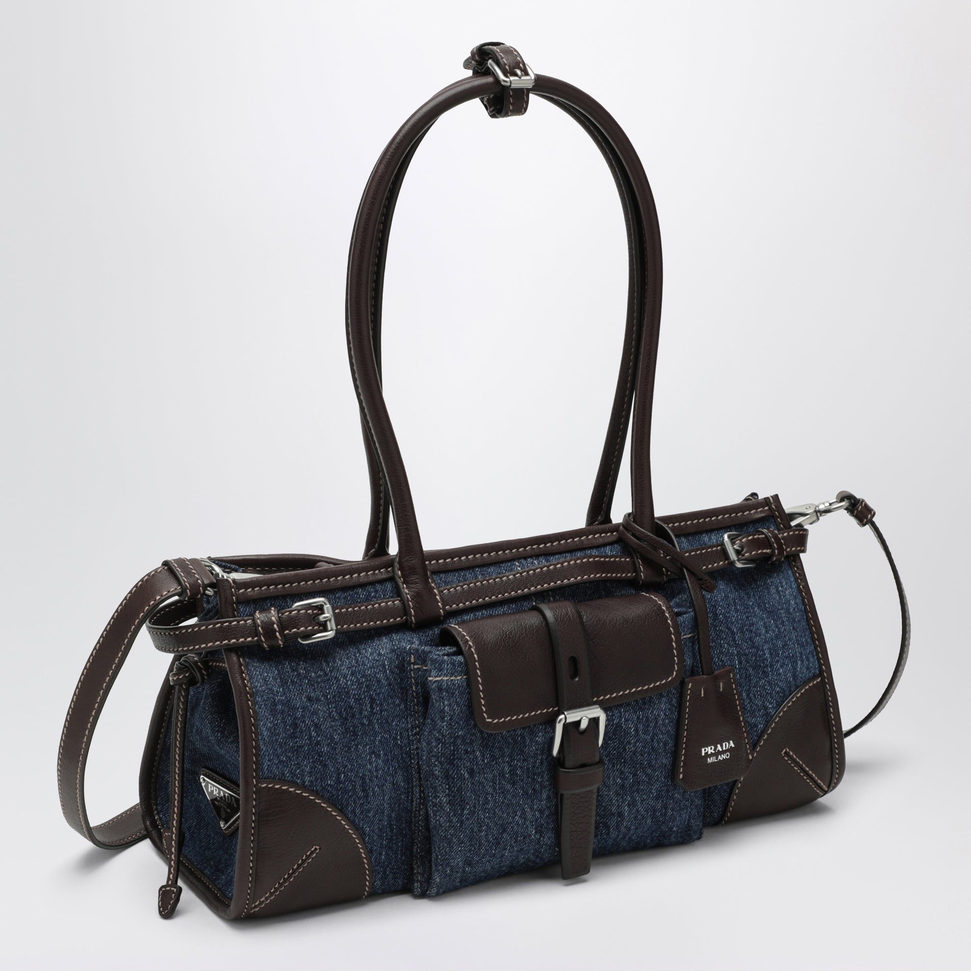 Borsa a mano Bonnie medium in denim e pelle blu/caffè