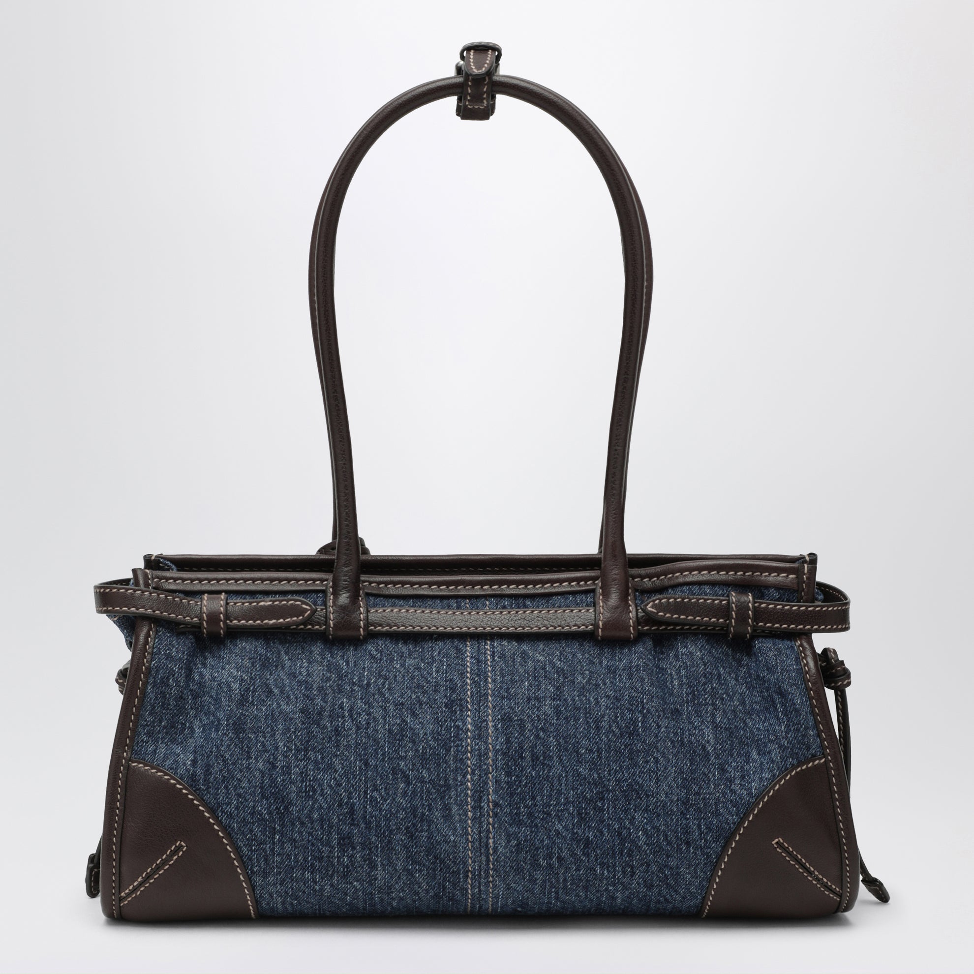 Borsa a mano Bonnie medium in denim e pelle blu/caffè