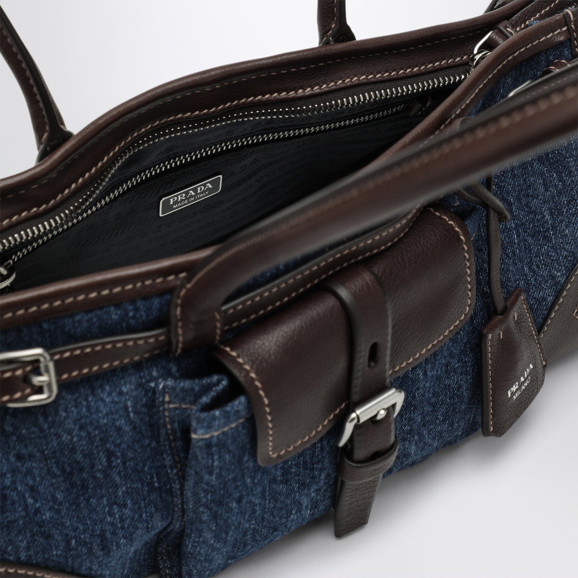 Borsa a mano Bonnie medium in denim e pelle blu/caffè