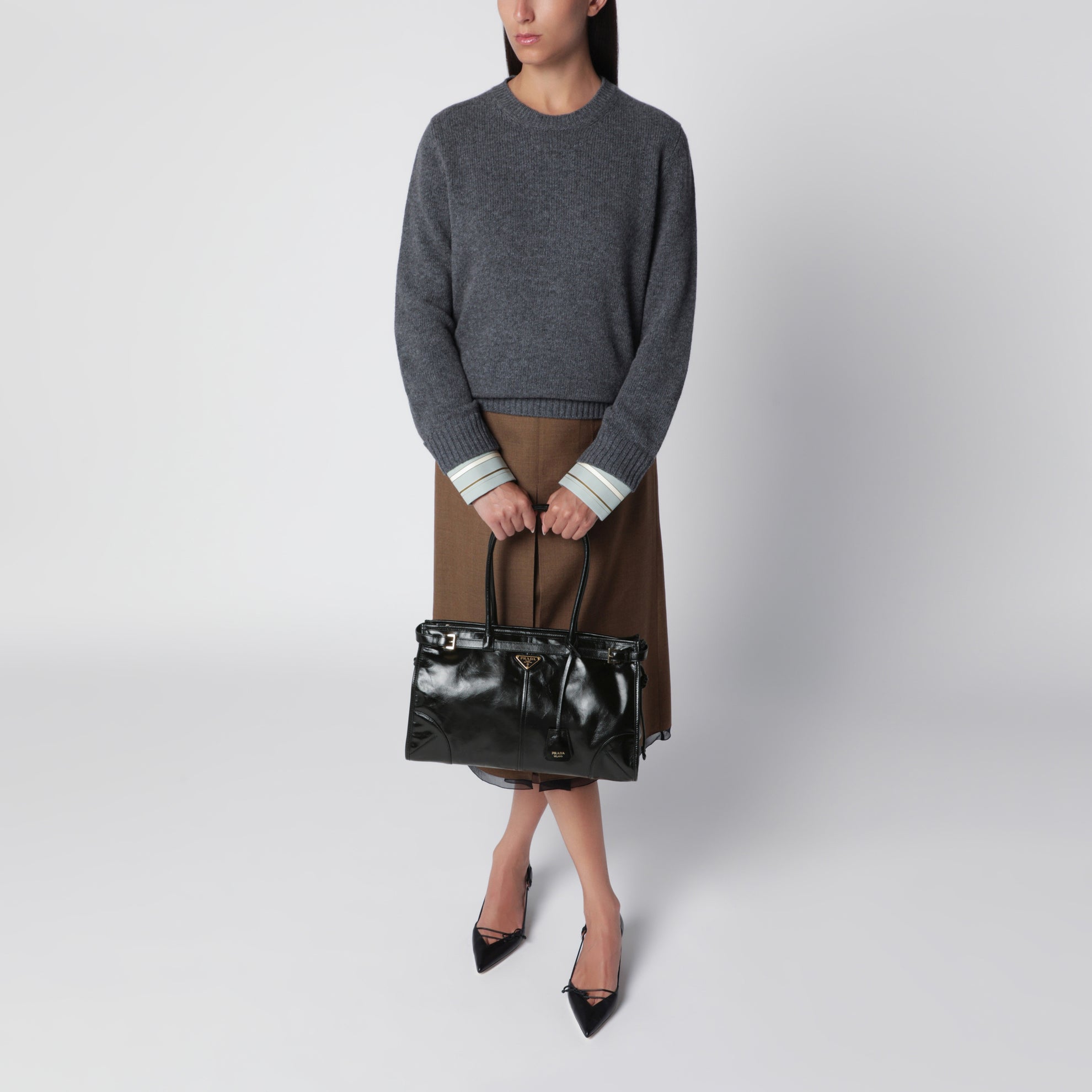 Large Bonnie top-handle bag in black calf leather