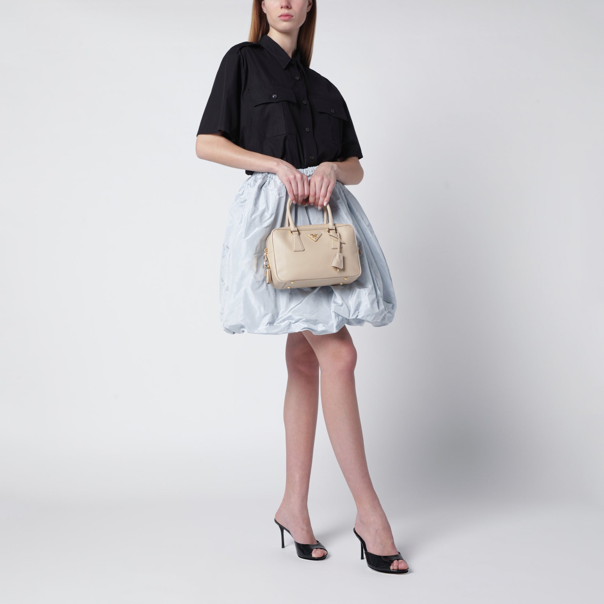 Beige Saffiano leather top-handle bag