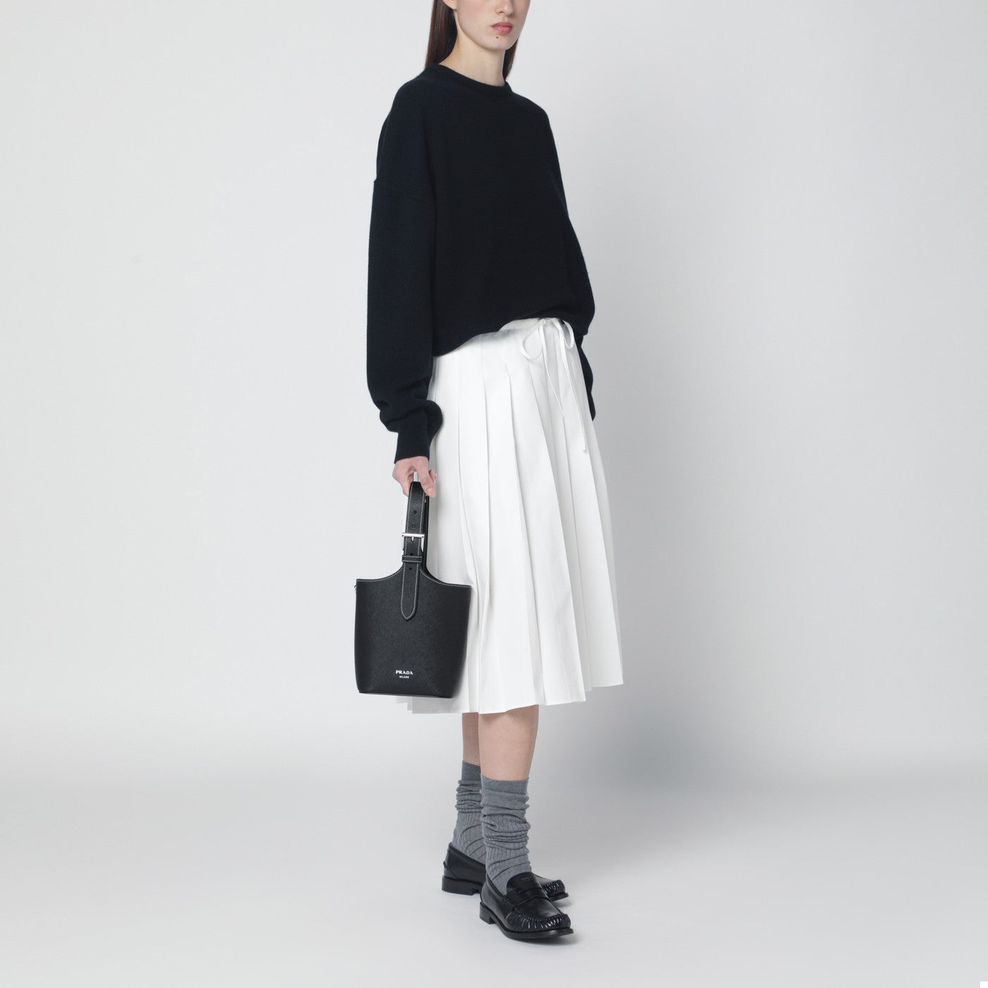 Black smooth leather bucket bag