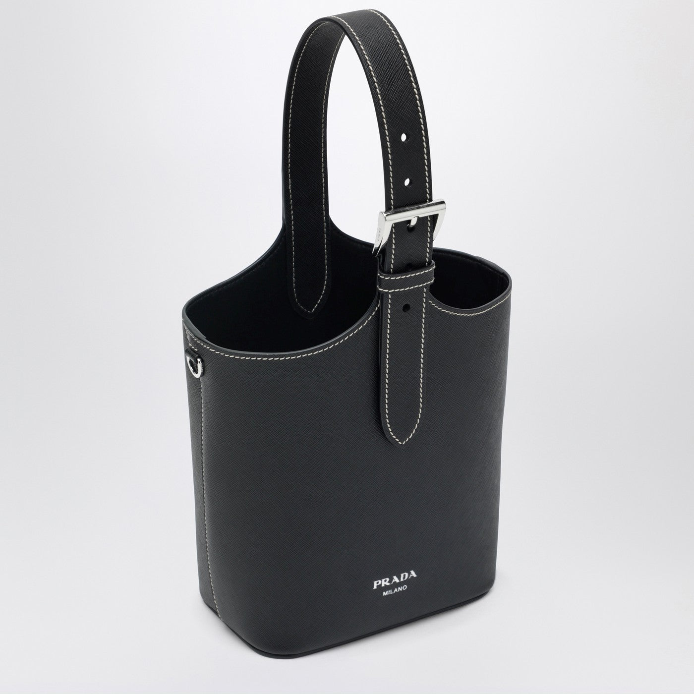 Black smooth leather bucket bag