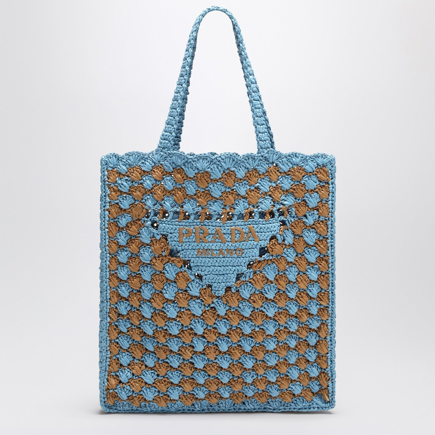 Borsa tote crochet celeste/caramel con logo