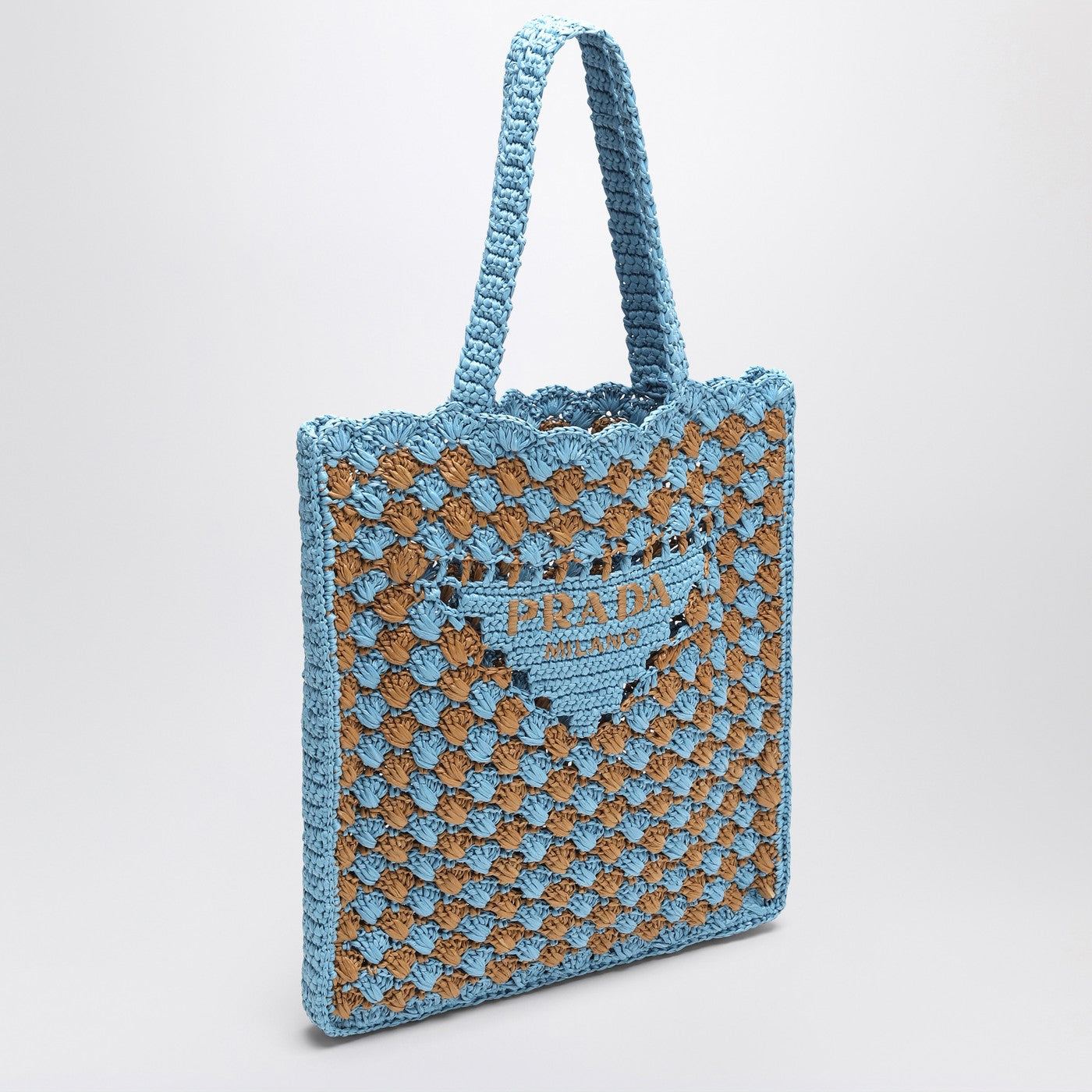 Borsa tote crochet celeste/caramel con logo