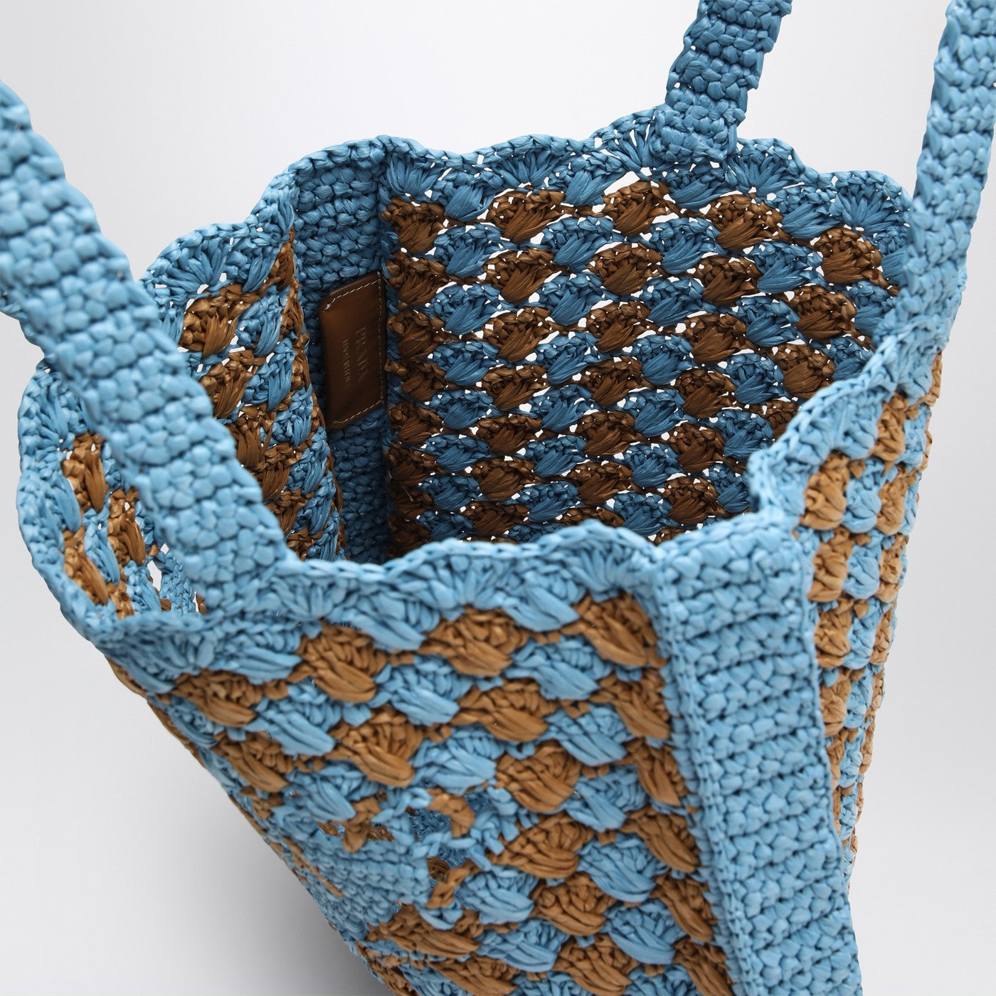 Borsa tote crochet celeste/caramel con logo
