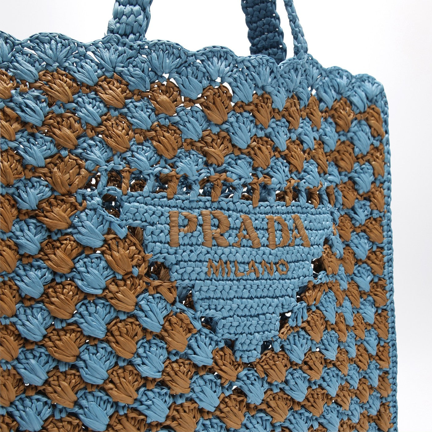 Borsa tote crochet celeste/caramel con logo