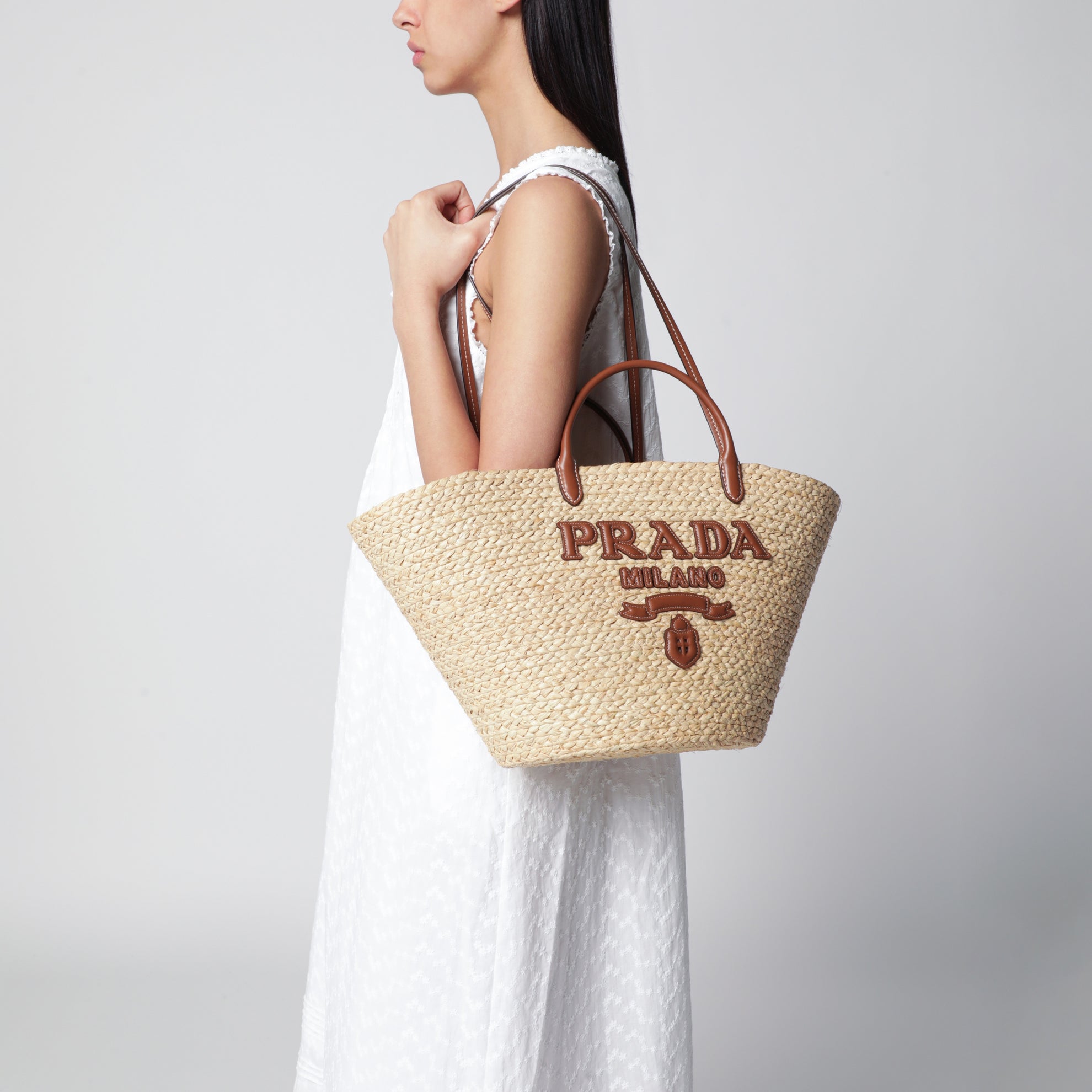 Grand sac cabas en raphia et cuir Beige/Cognac