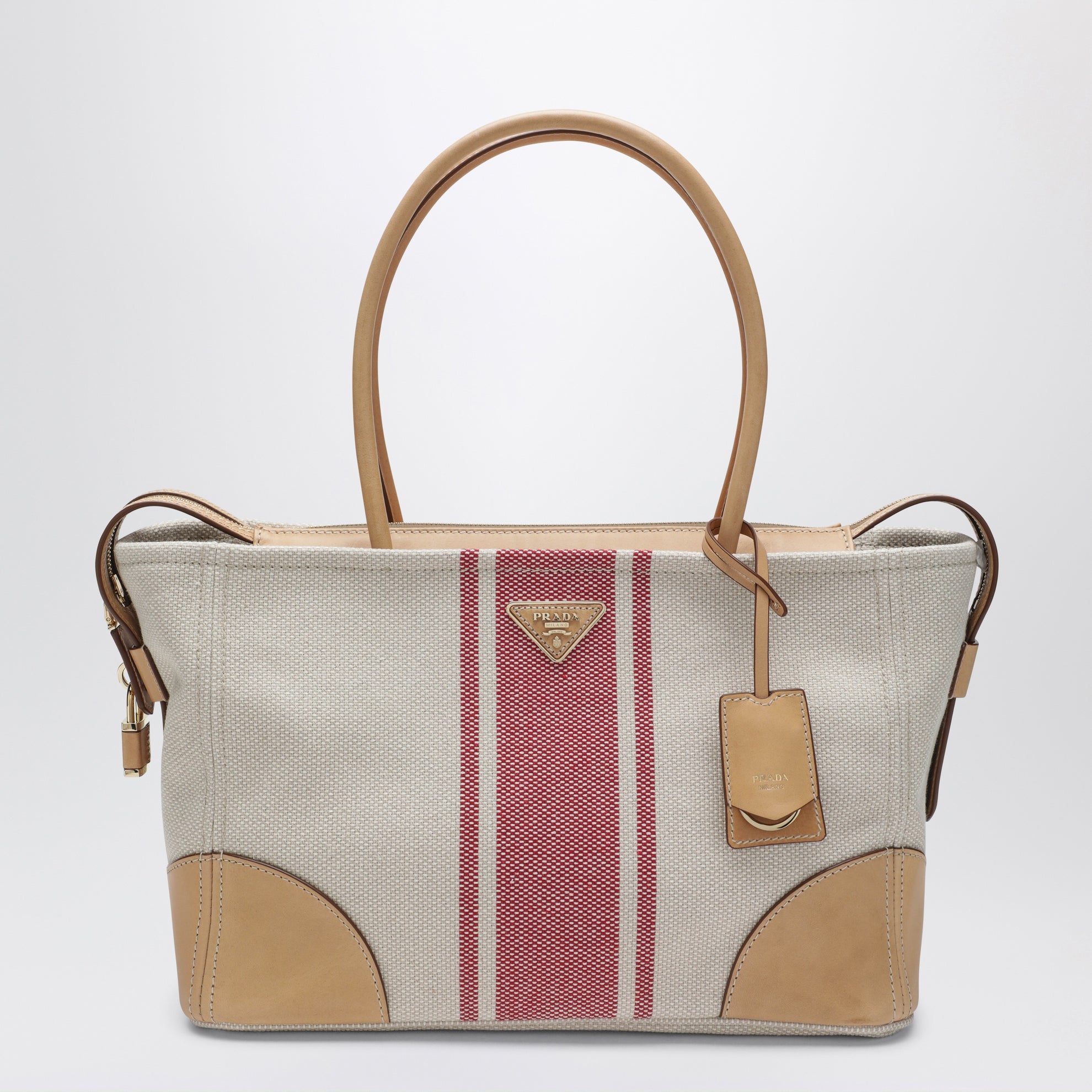 Borsa shopping large in canvas e pelle naturale/rosso