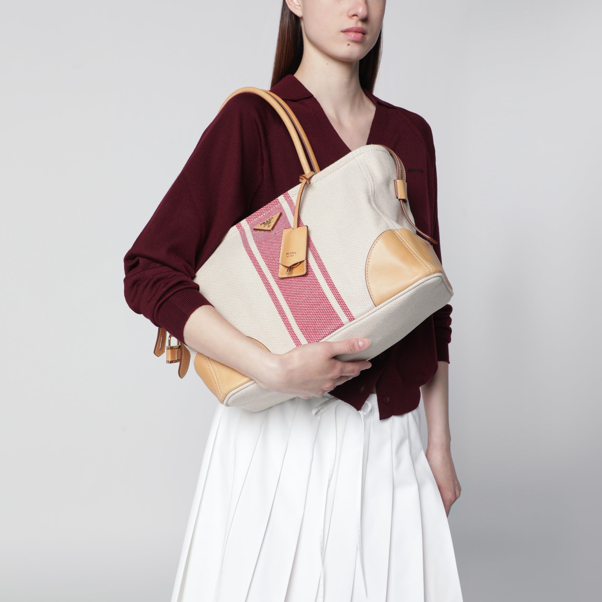 Borsa shopping large in canvas e pelle naturale/rosso