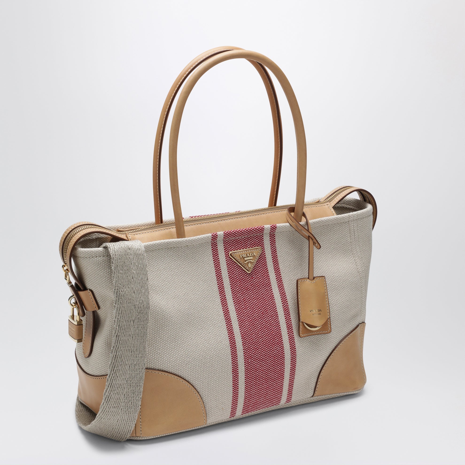 Borsa shopping large in canvas e pelle naturale/rosso