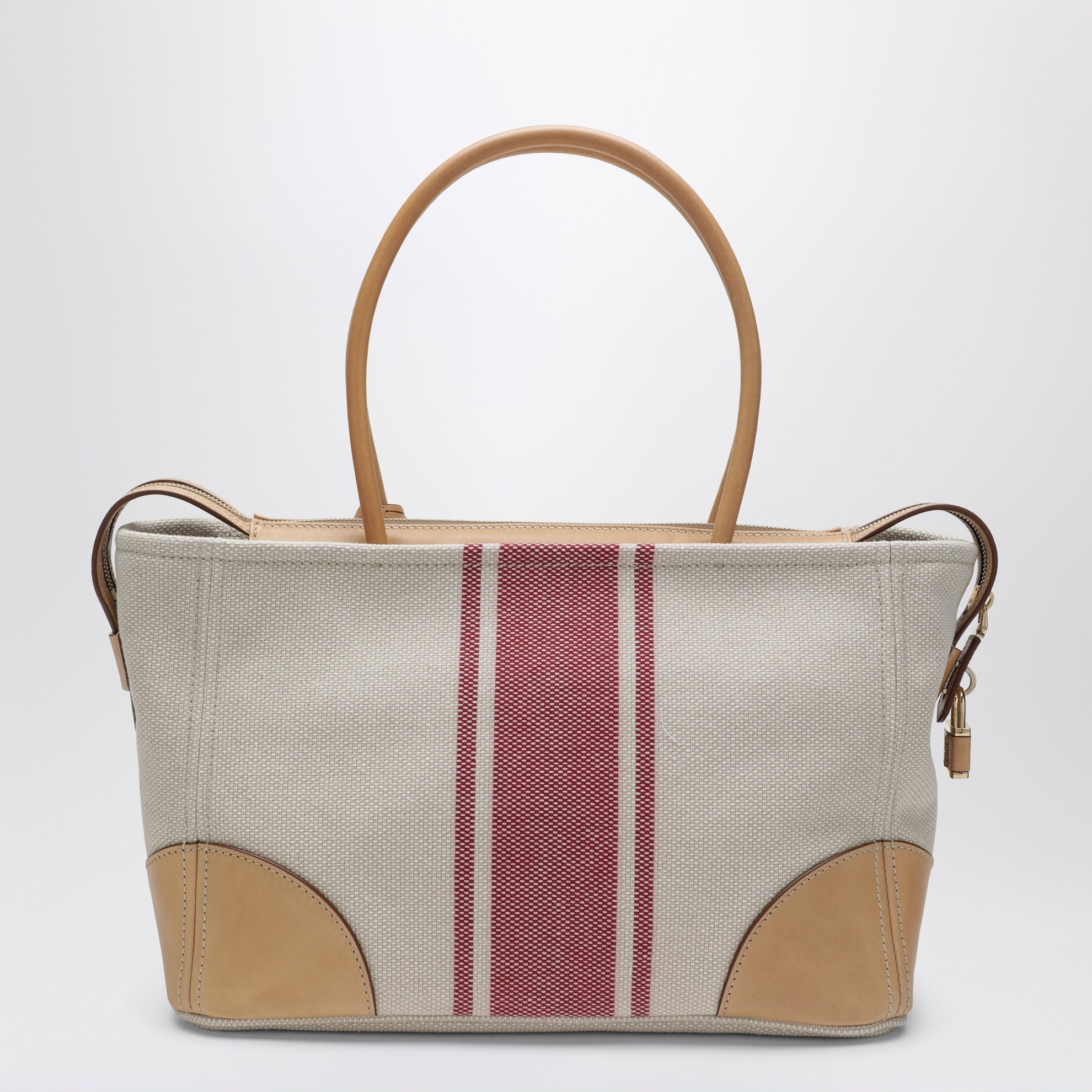 Borsa shopping large in canvas e pelle naturale/rosso