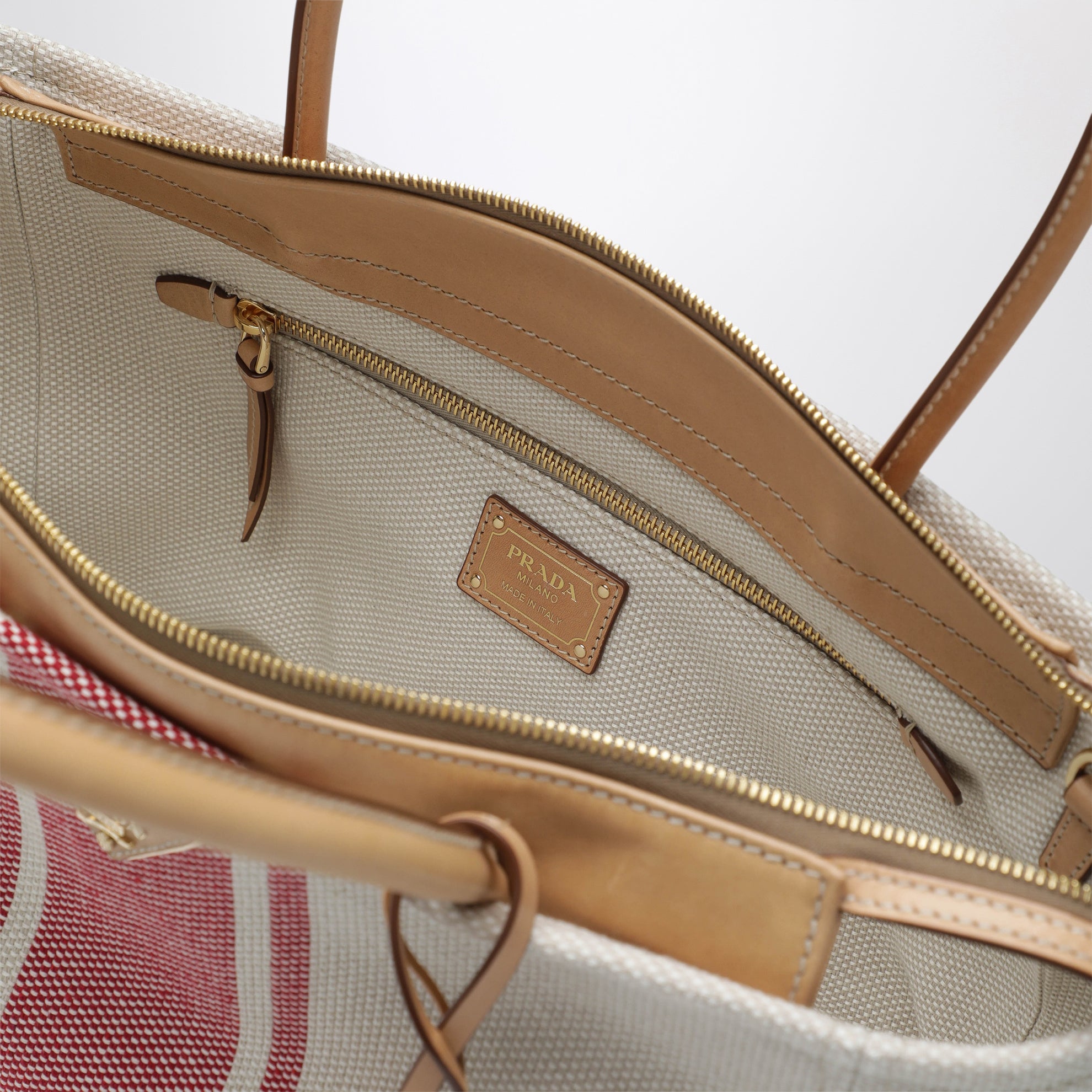 Borsa shopping large in canvas e pelle naturale/rosso