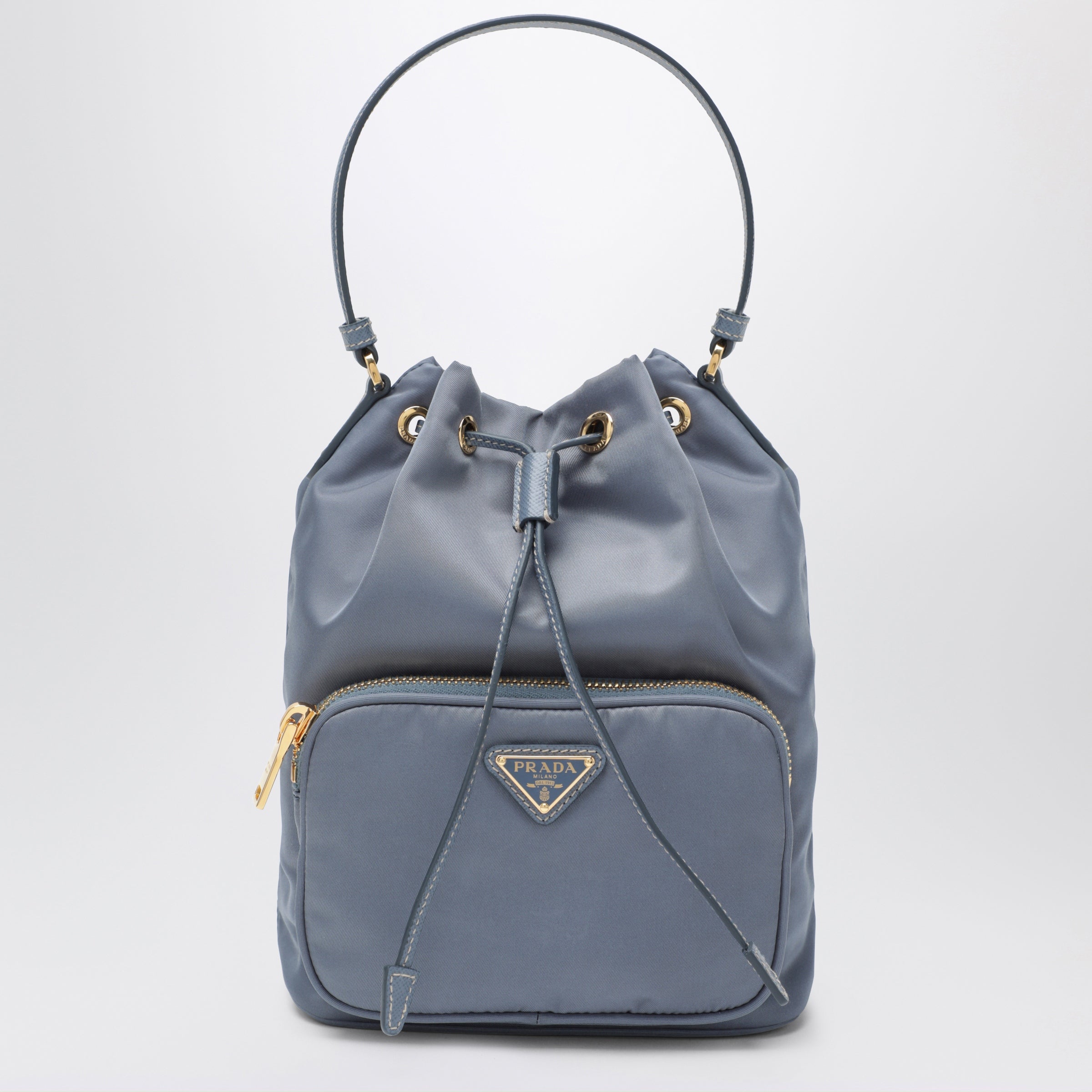 Prada Prada Duet bucket bag in aviator blue Re-Nylon | TheDoubleF Prada Prada Duet bucket bag in aviator blue Re-Nylon | TheDoubleF