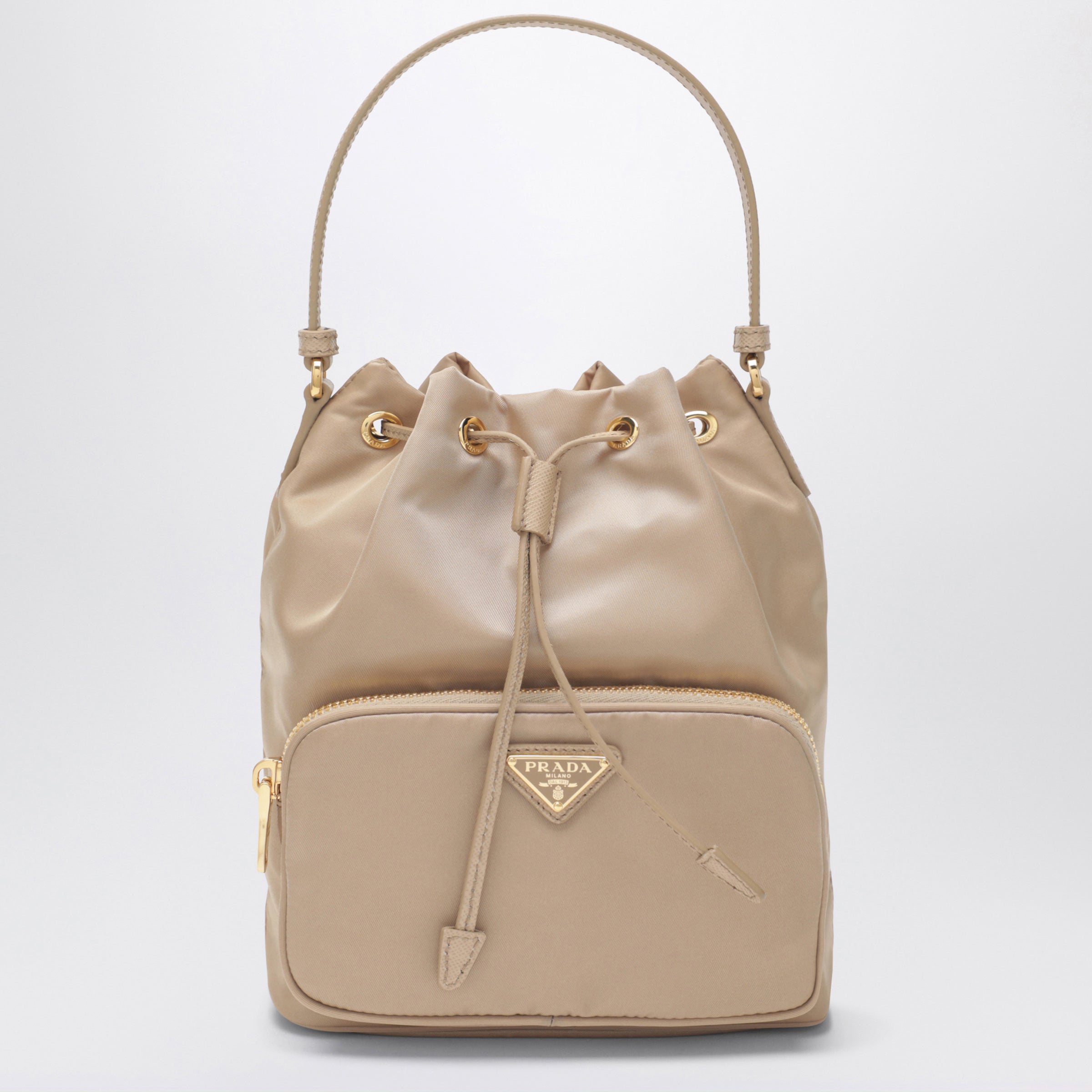 Prada Prada Duet bucket bag in beige Re-Nylon | TheDoubleF