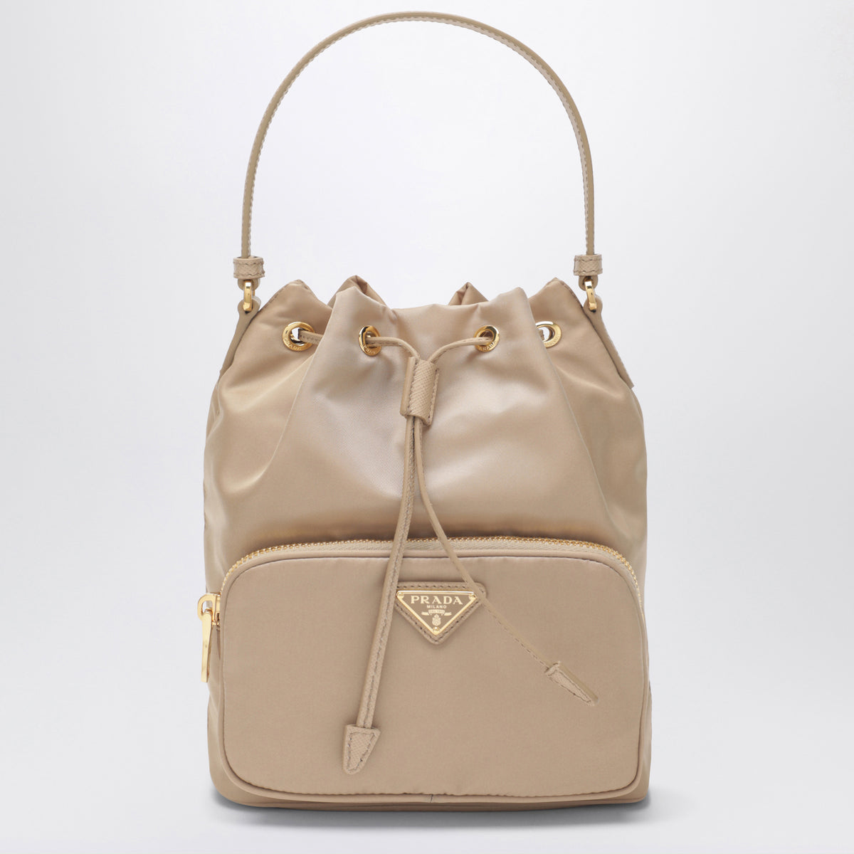 Camel Prada Duet bucket bag in Re-Nylon