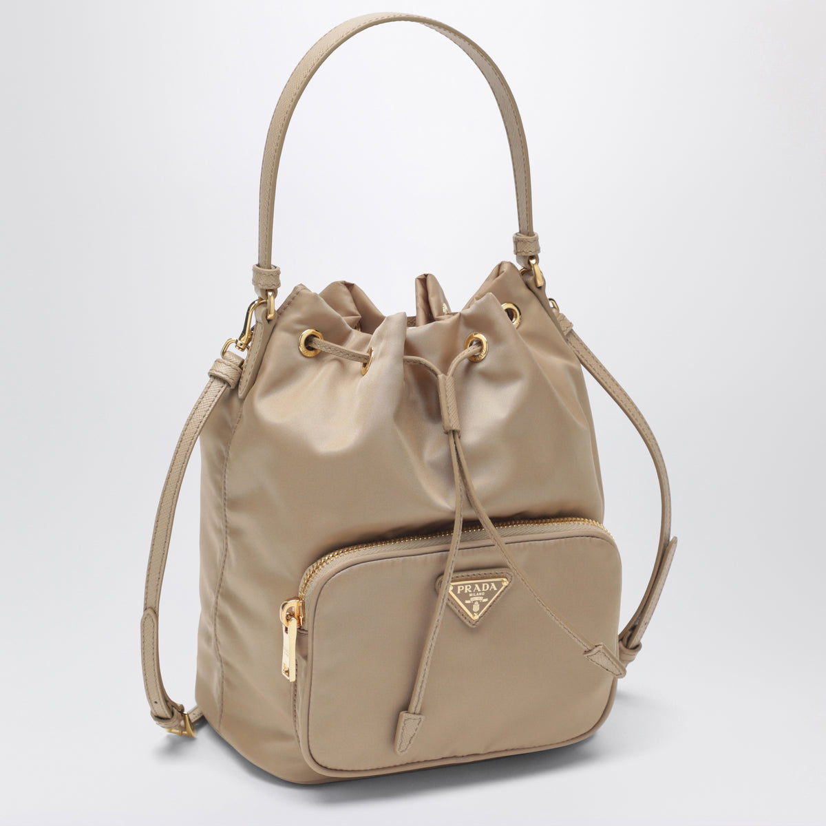 Camel Prada Duet bucket bag in Re-Nylon