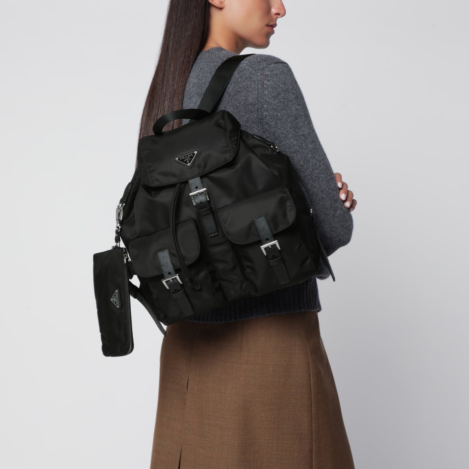 Zaino in Re-Nylon e Saffiano con pouch nero