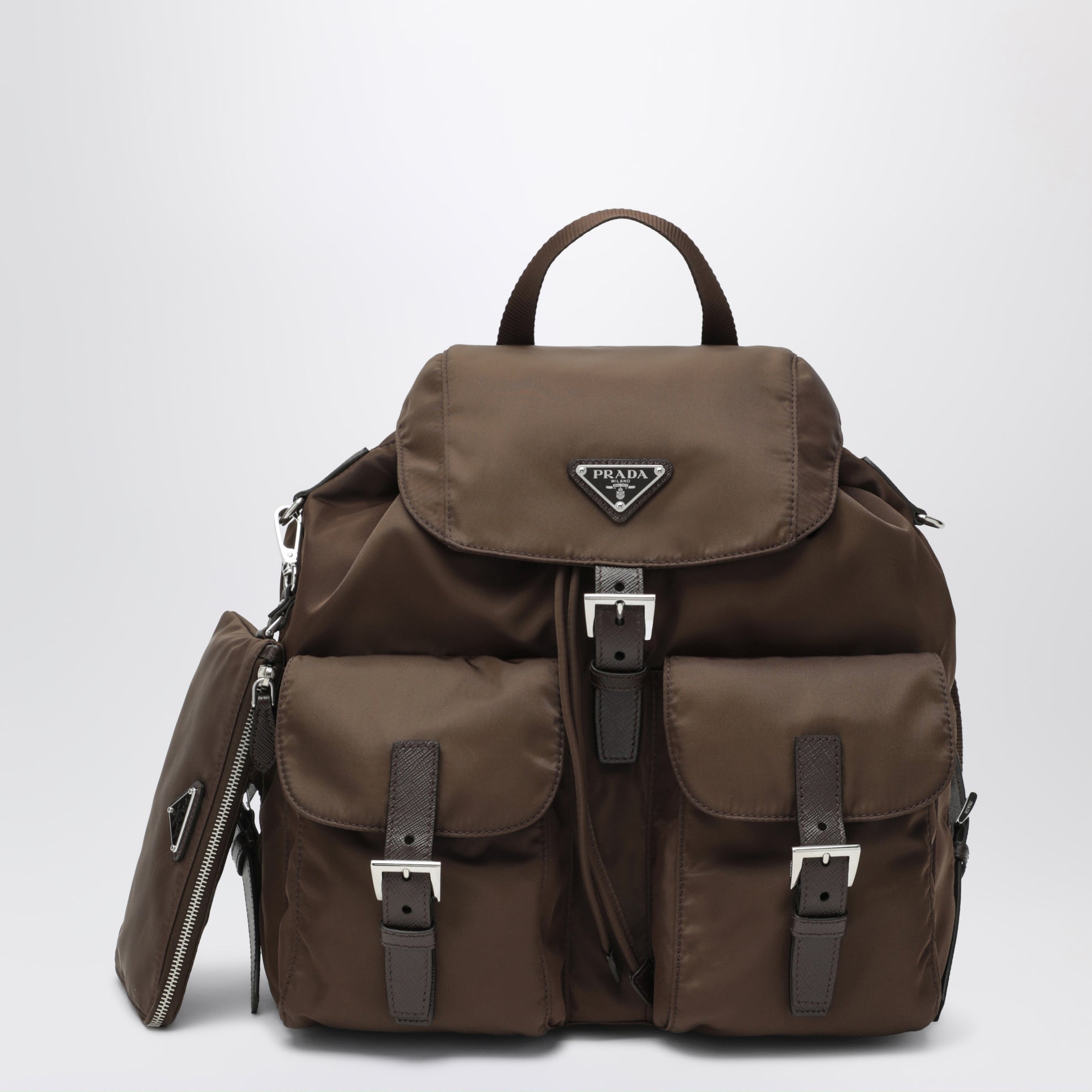 Zaino in Re-Nylon e Saffiano con pouch marrone