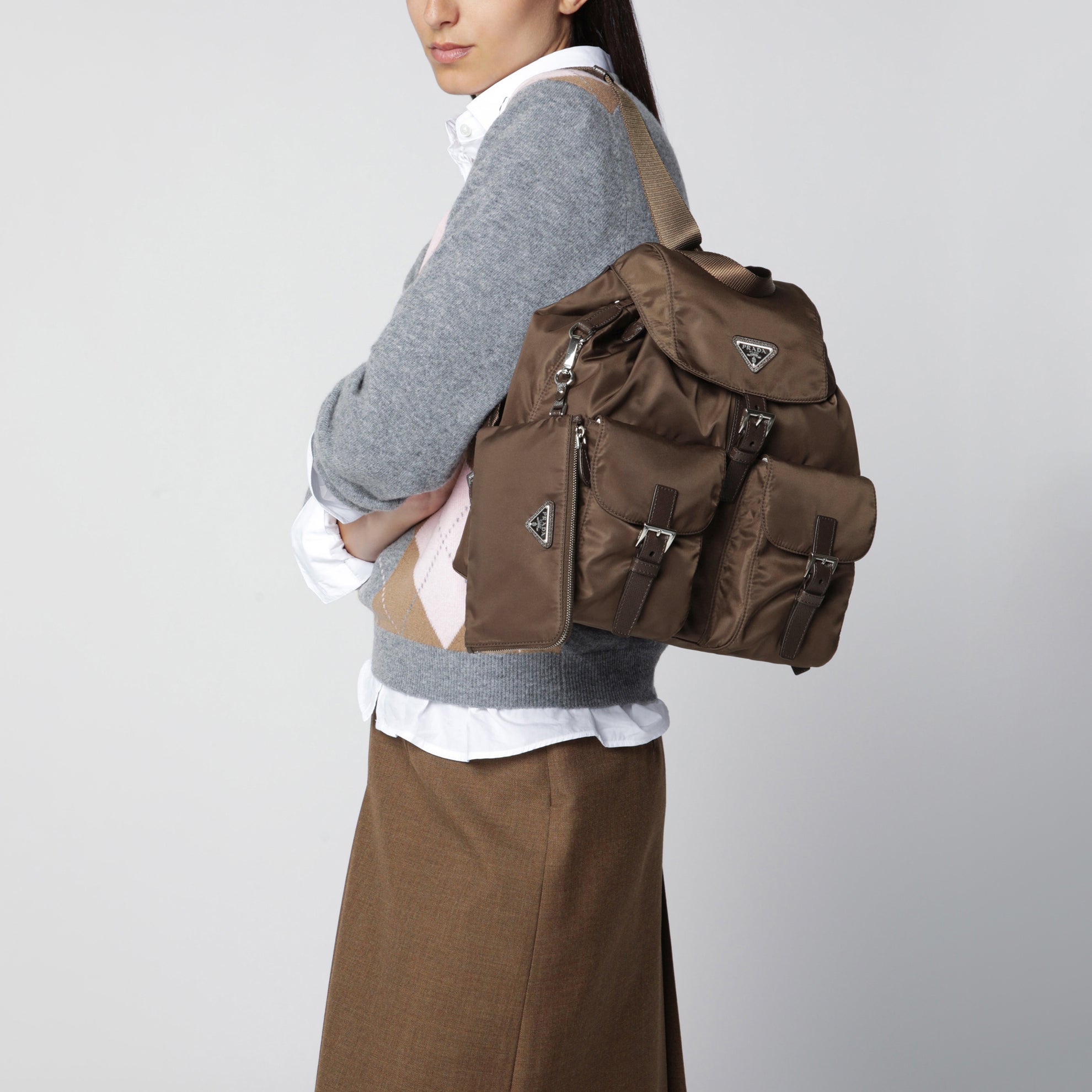 Zaino in Re-Nylon e Saffiano con pouch marrone