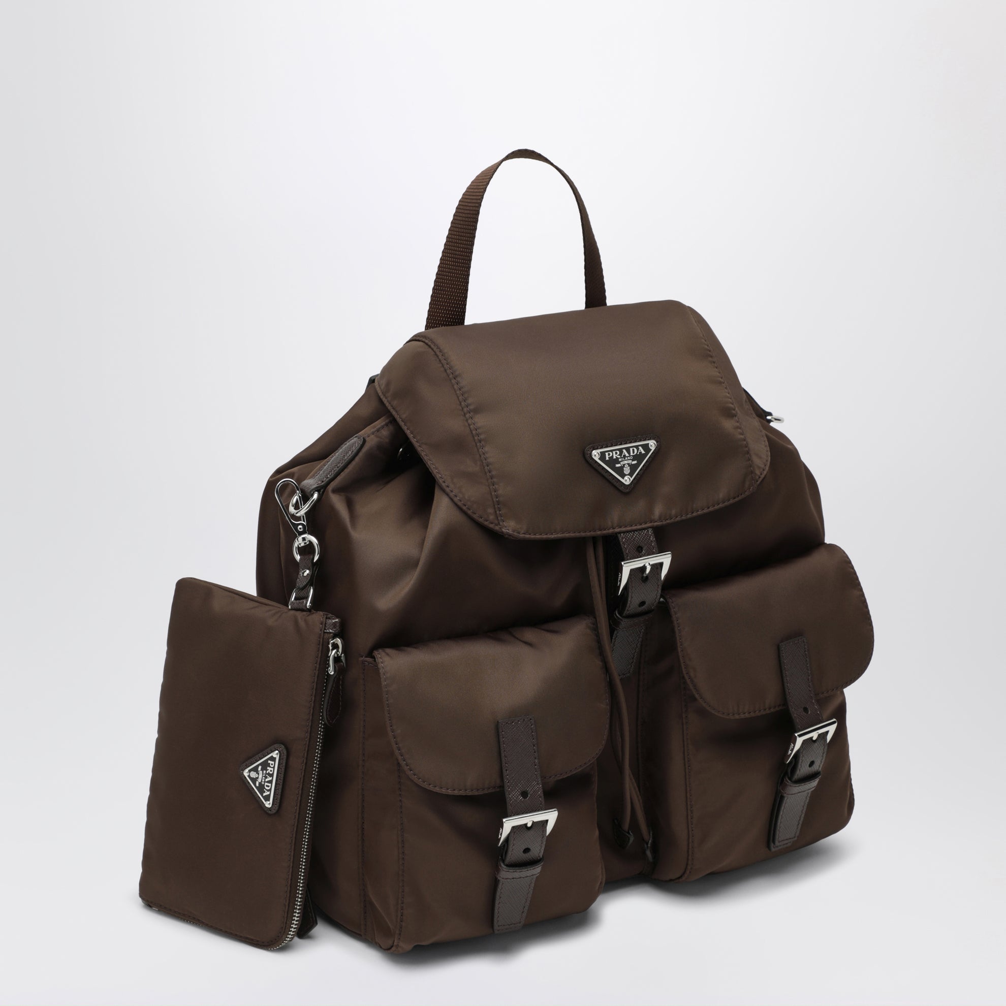 Zaino in Re-Nylon e Saffiano con pouch marrone