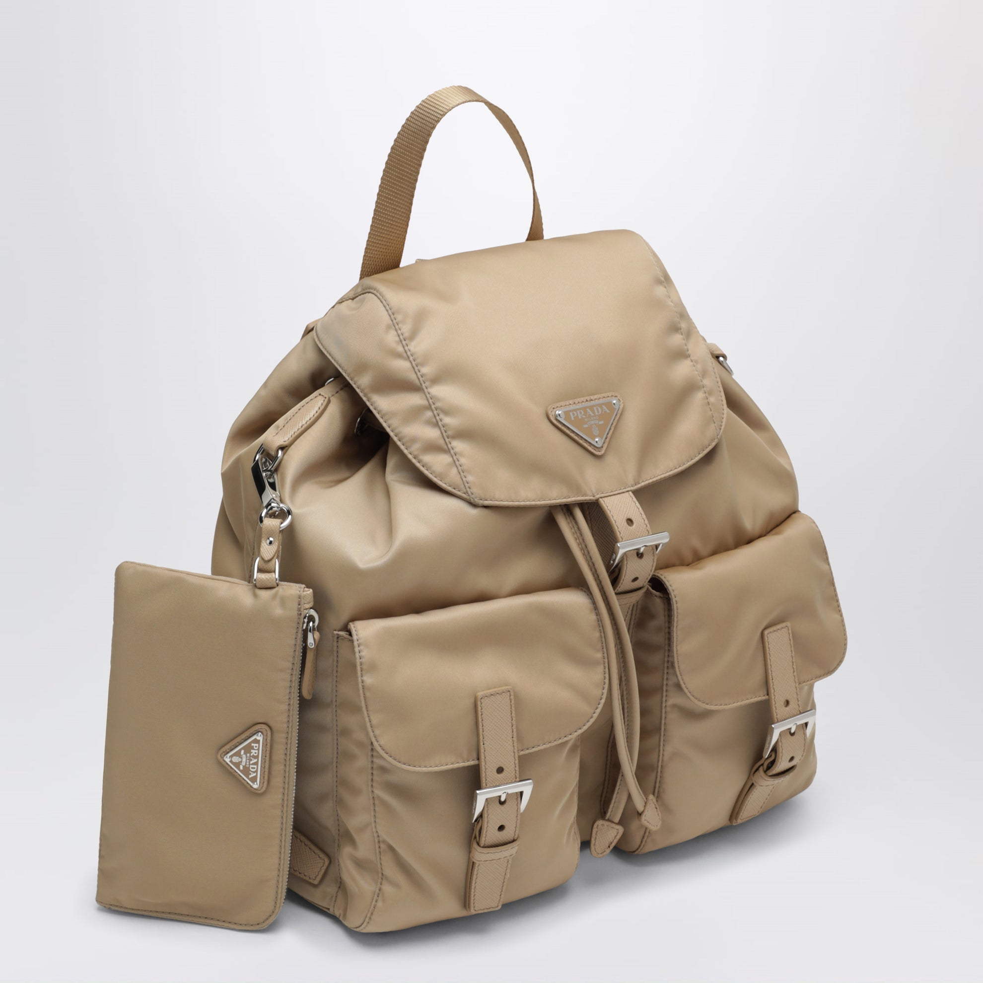 Zaino in Re-Nylon e Saffiano con pouch Cammello