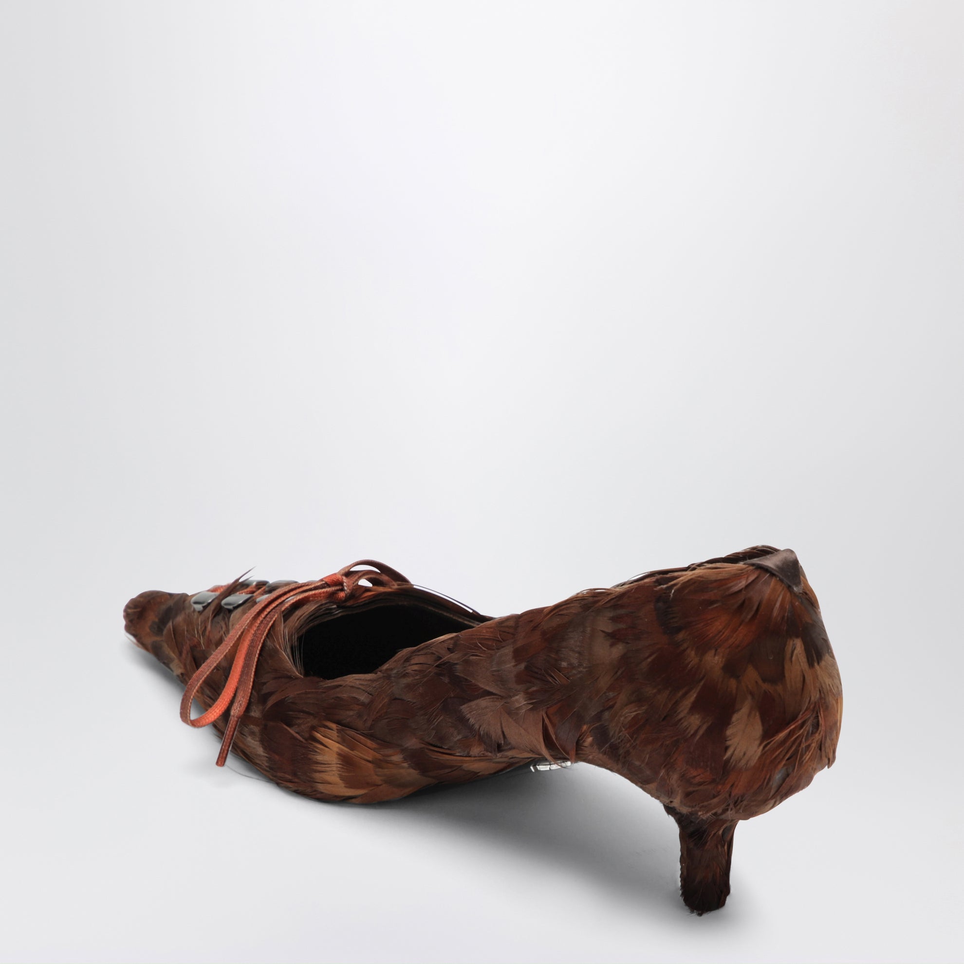 Coffee satin pumps decorated with feathers
