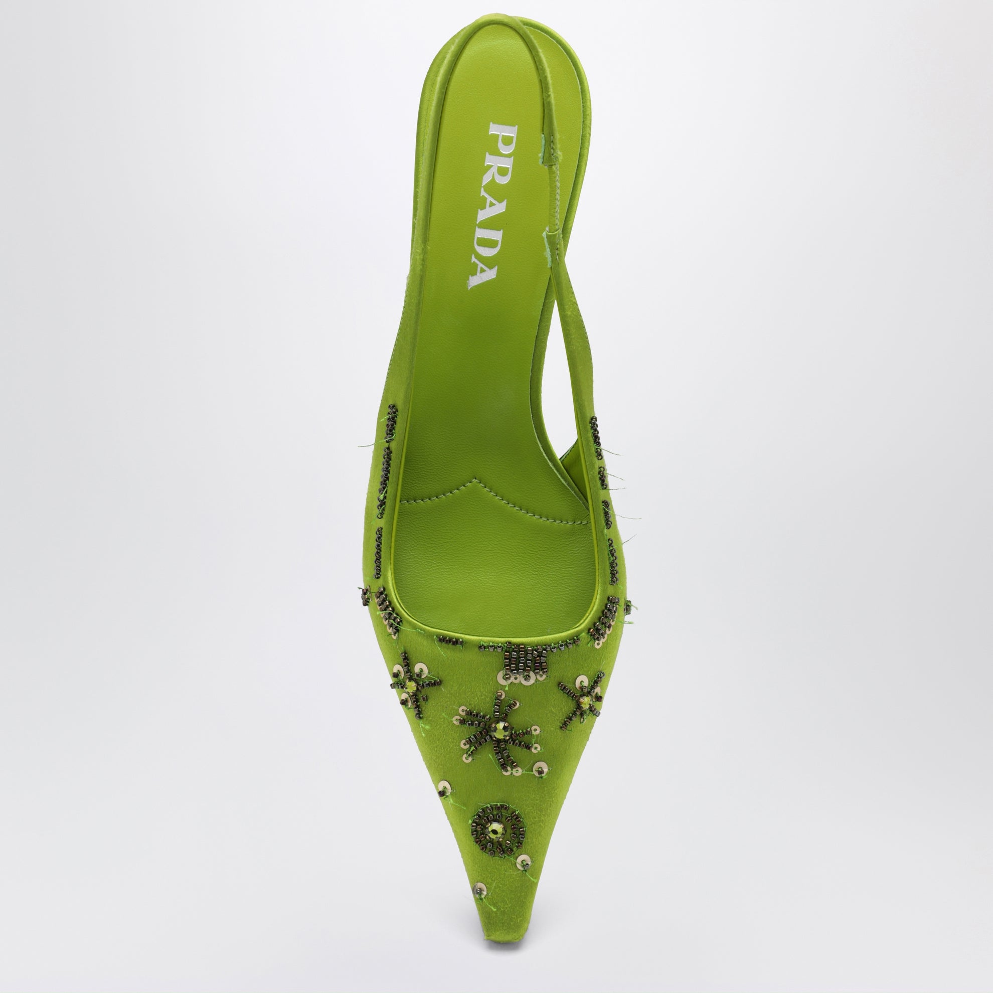 Décolleté slingback verde felce in raso con paillettes