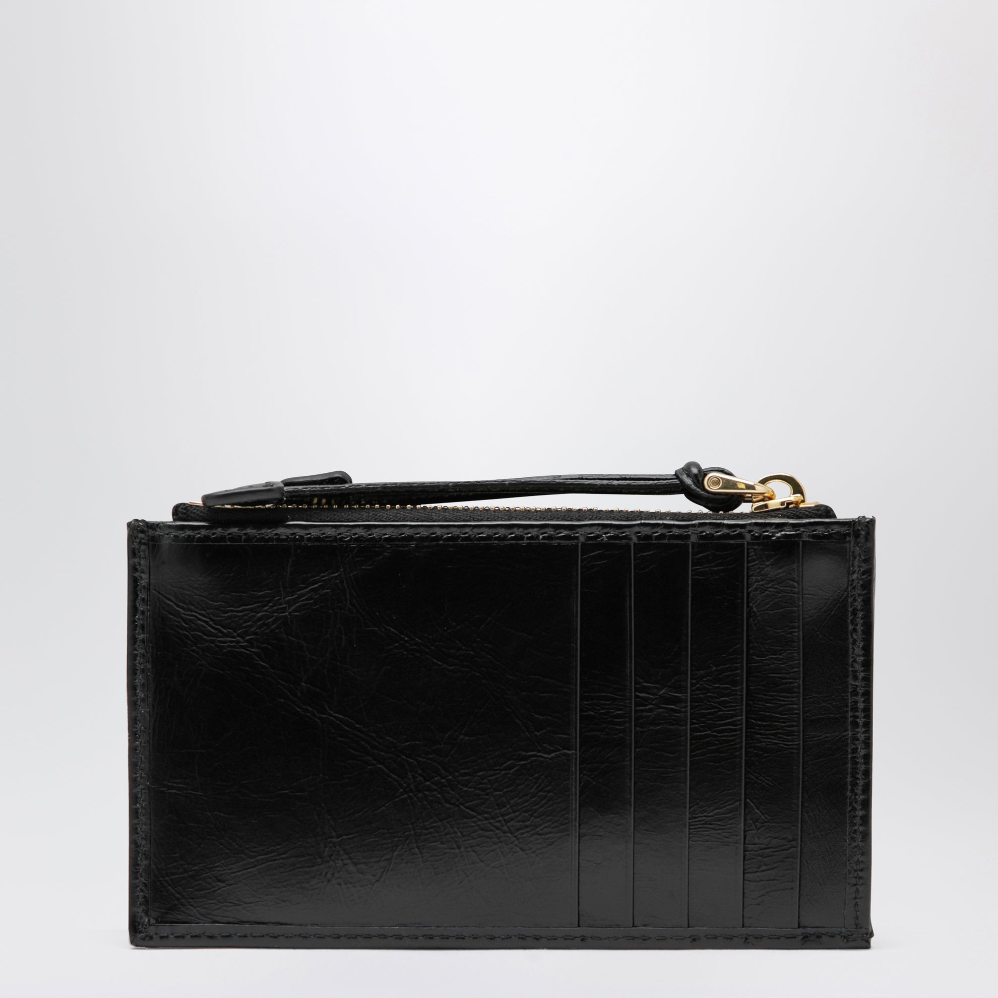 Porte-cartes zippé en cuir noir