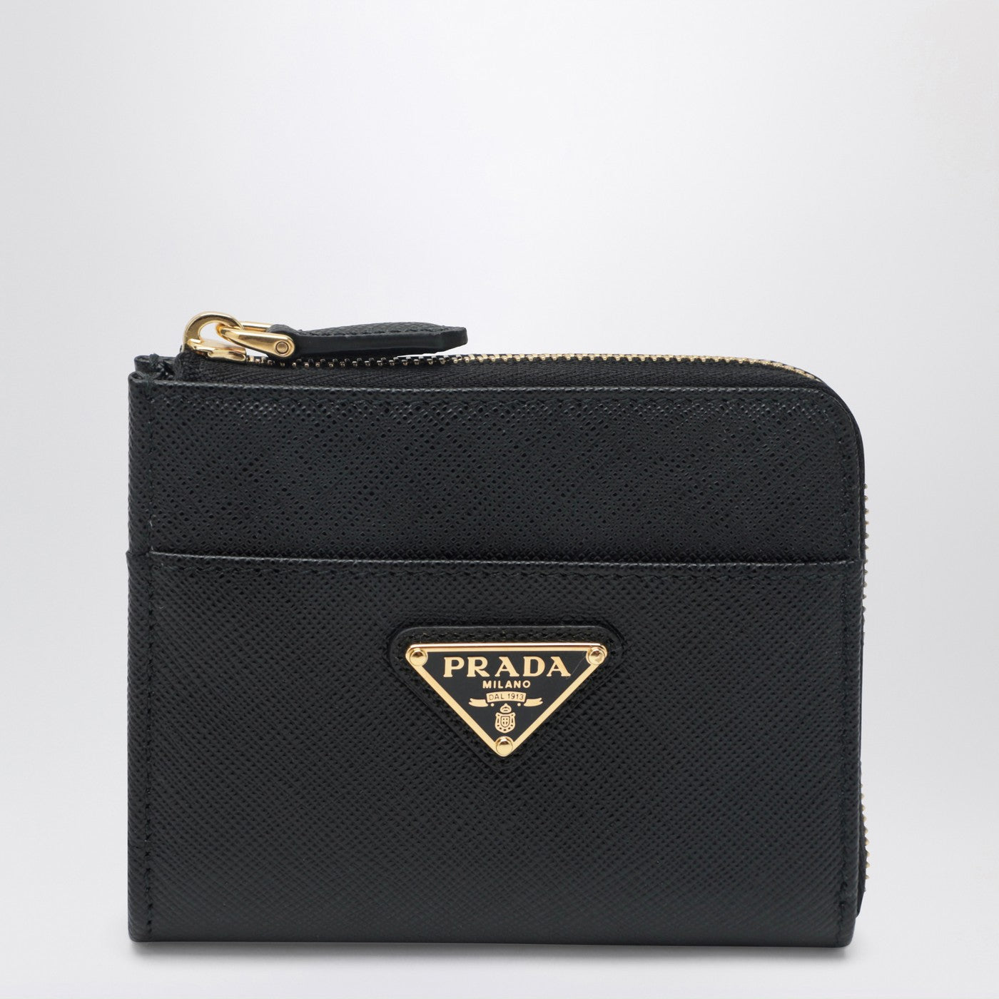 Kleines schwarzes Zip-around-Portemonnaie aus Saffiano-Leder