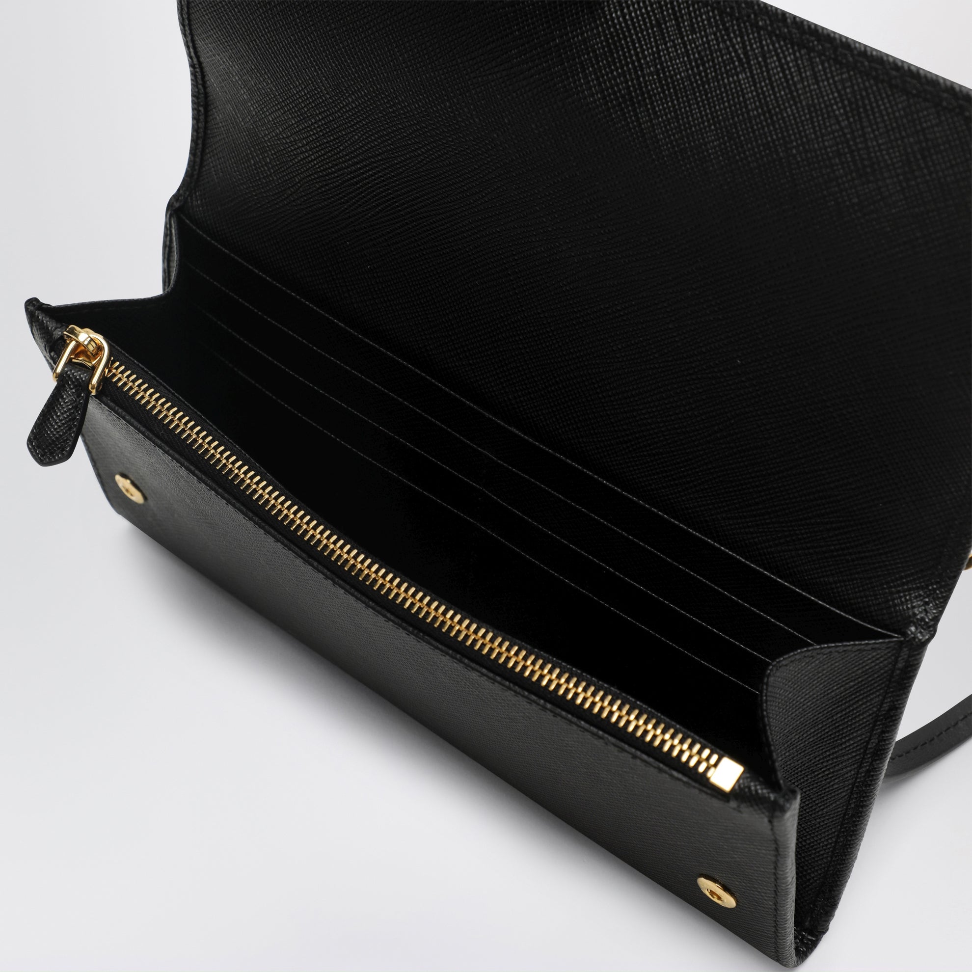 Black Saffiano wallet with shoulder strap
