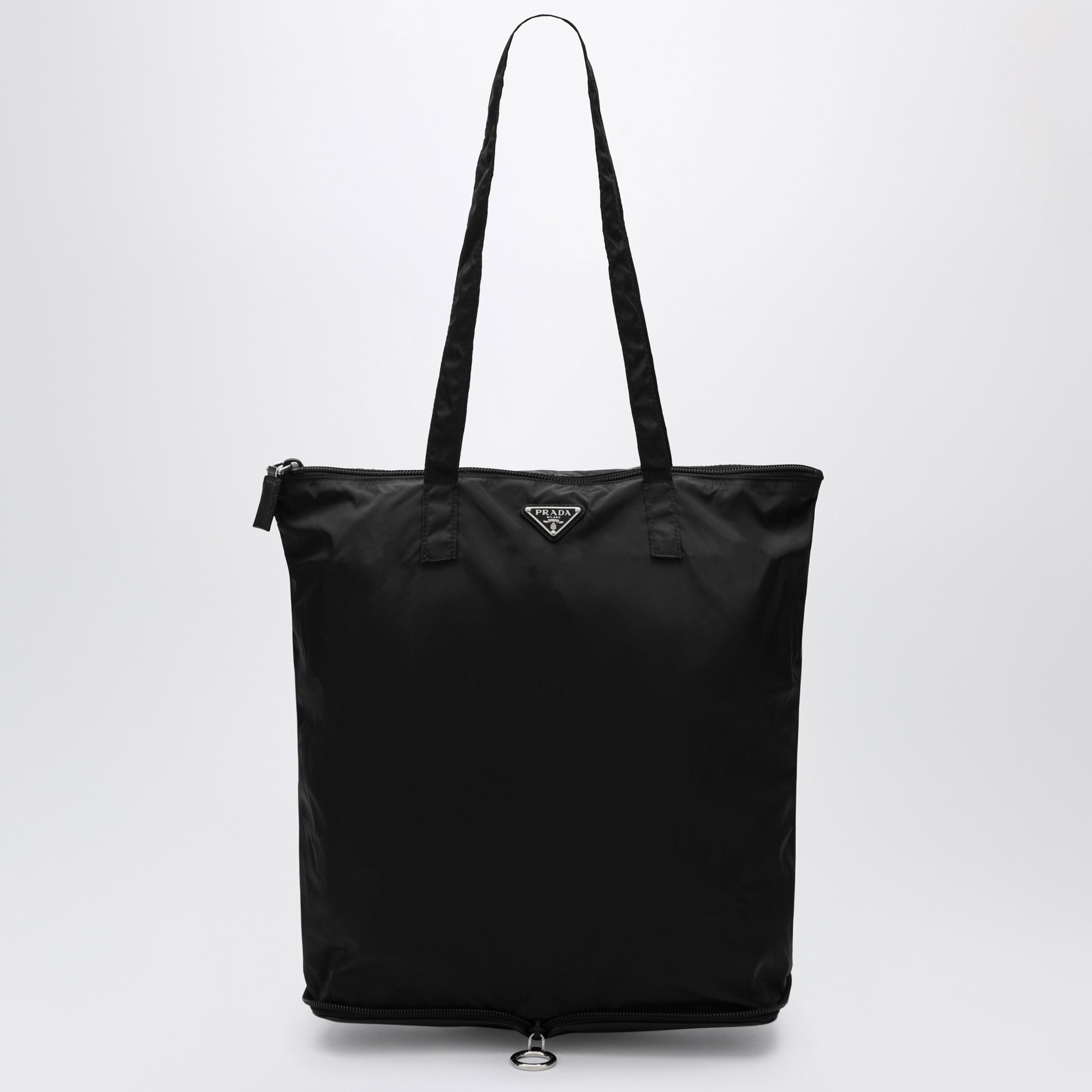 Saffiano leather charm with Re-Nylon tote bag in black