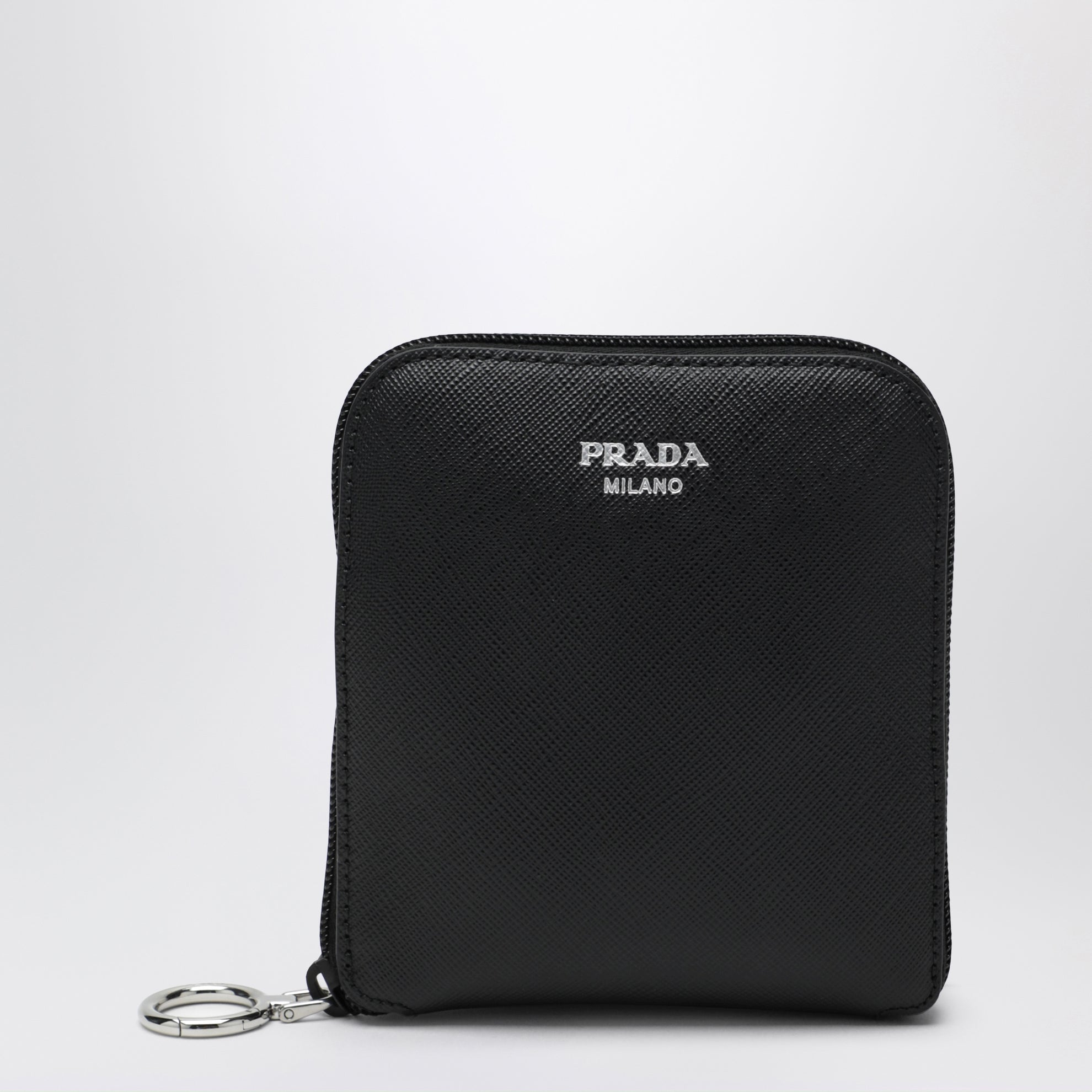 Saffiano leather charm with Re-Nylon tote bag in black