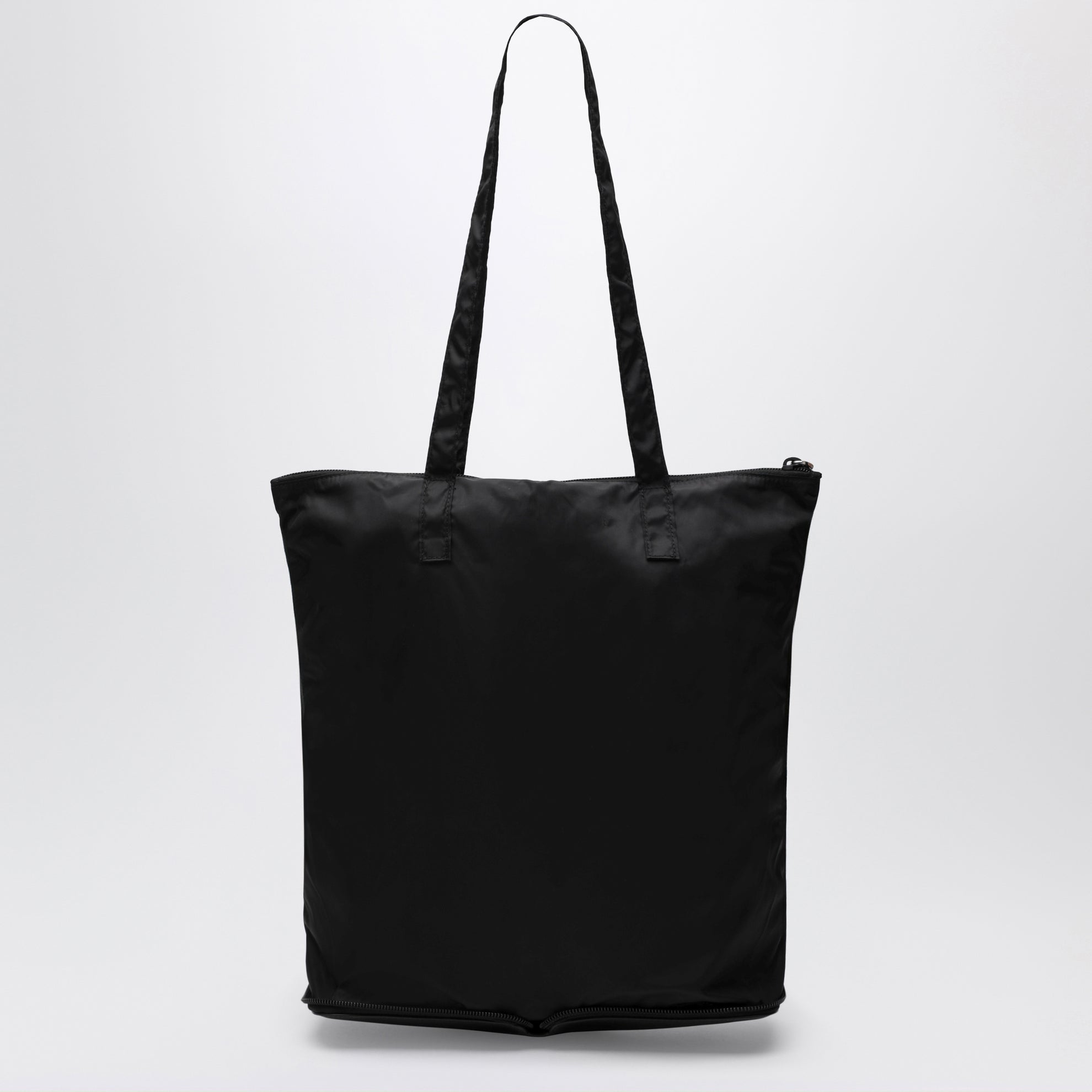 Saffiano leather charm with Re-Nylon tote bag in black