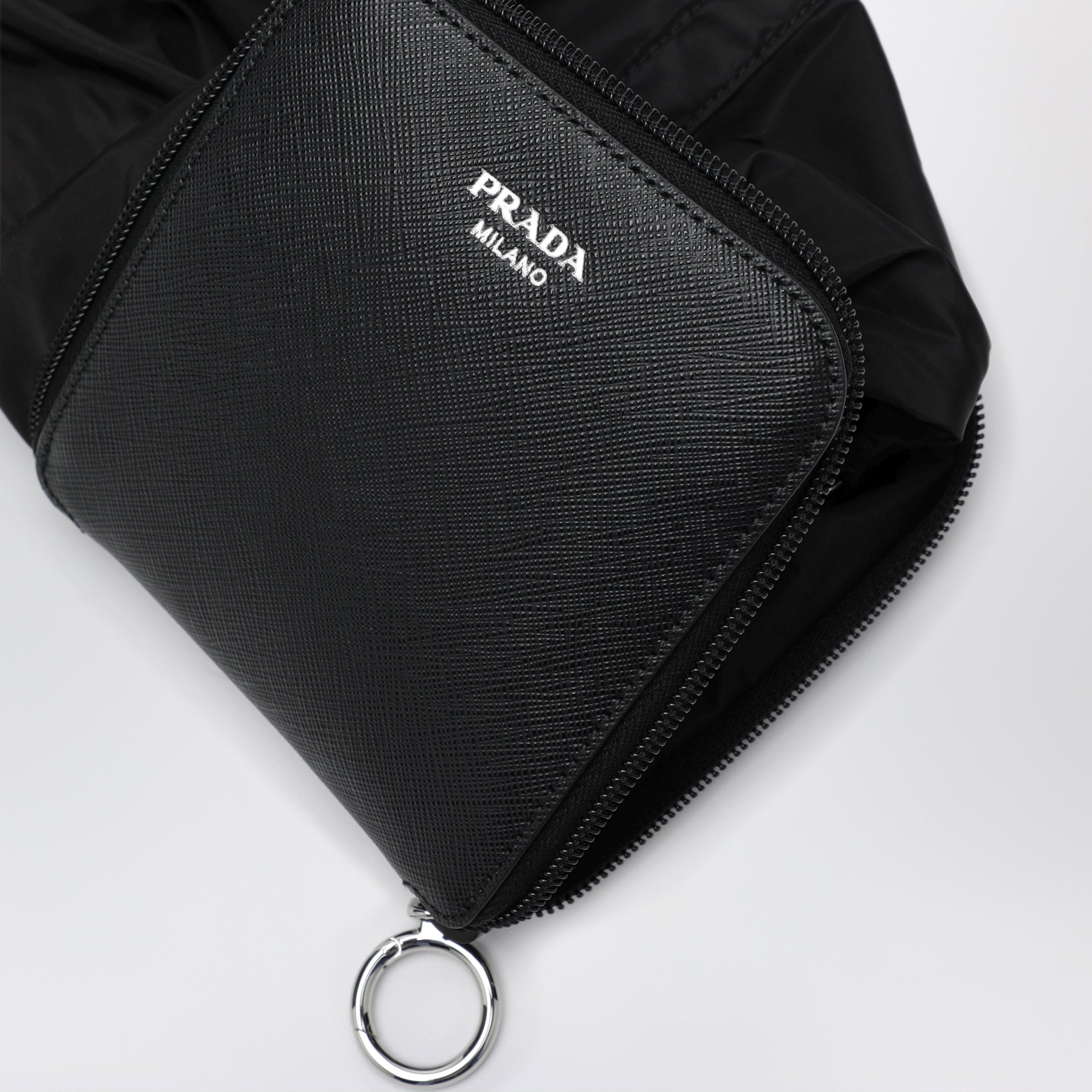 Saffiano leather charm with Re-Nylon tote bag in black