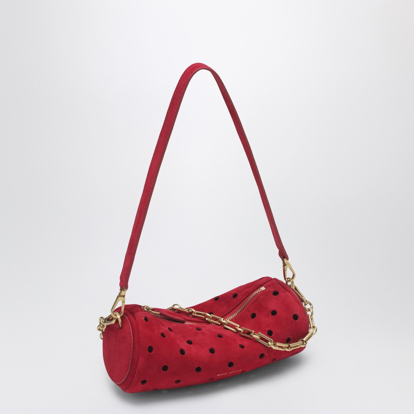 Mini Cylinder bag in perforated red suede