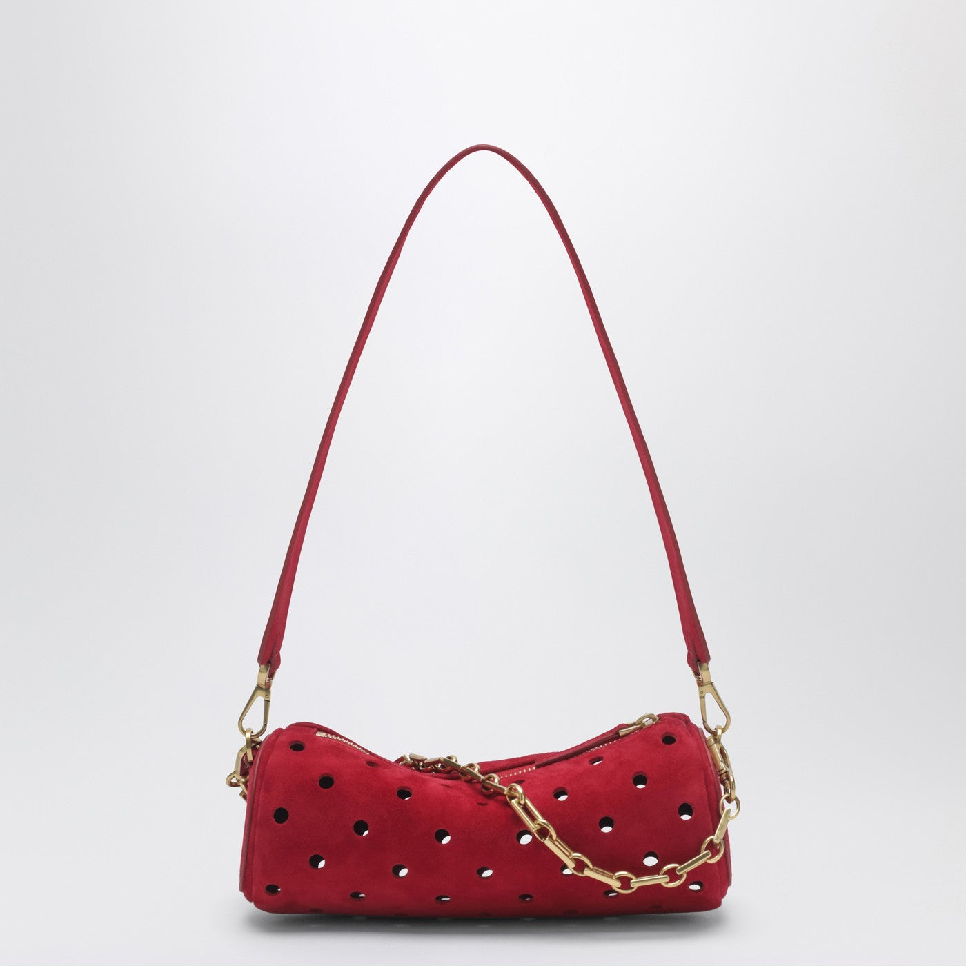 Mini Cylinder bag in perforated red suede
