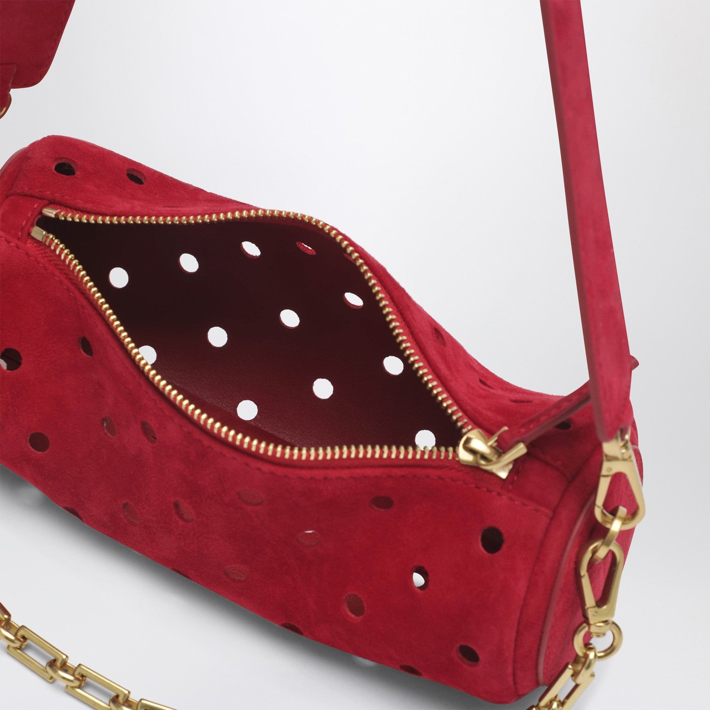 Mini Cylinder bag in perforated red suede