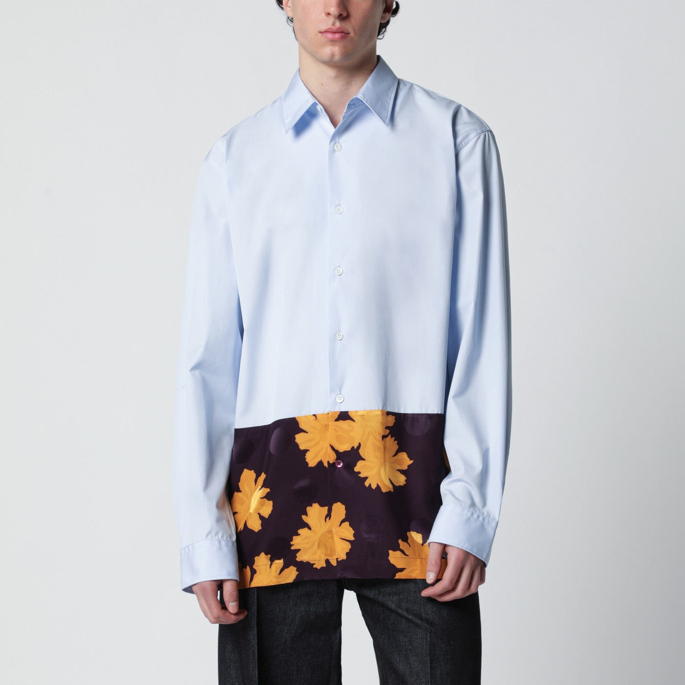 Dries Van Noten Light blue shirt with floral insert | TheDoubleF