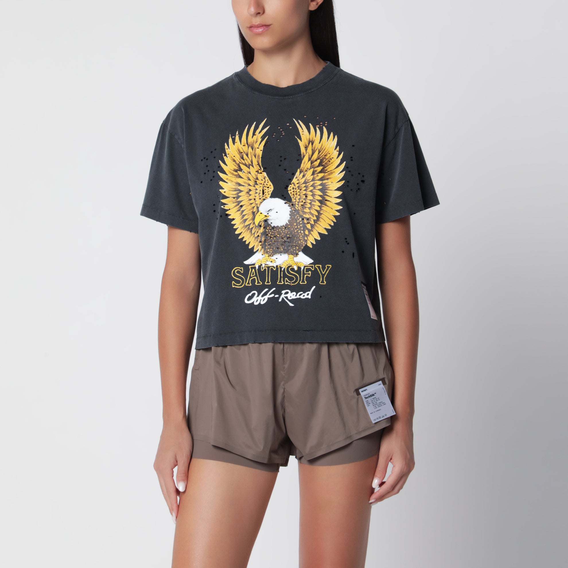 Washed black MothTech cotton T-shirt with print